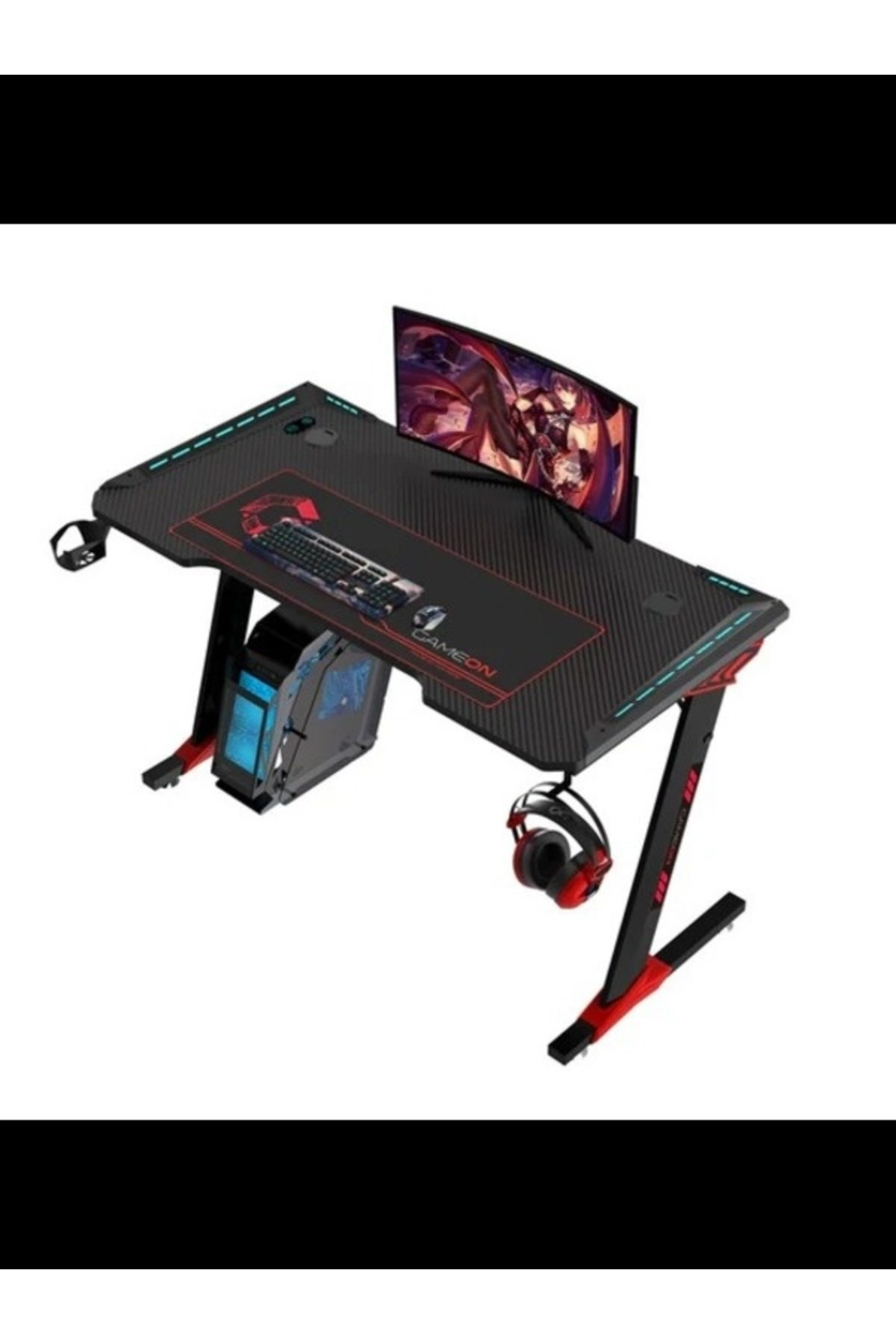 Kırmızı ve mavi vurgulu siyah oyun masası, monitör, PC ve kulaklık içerir.