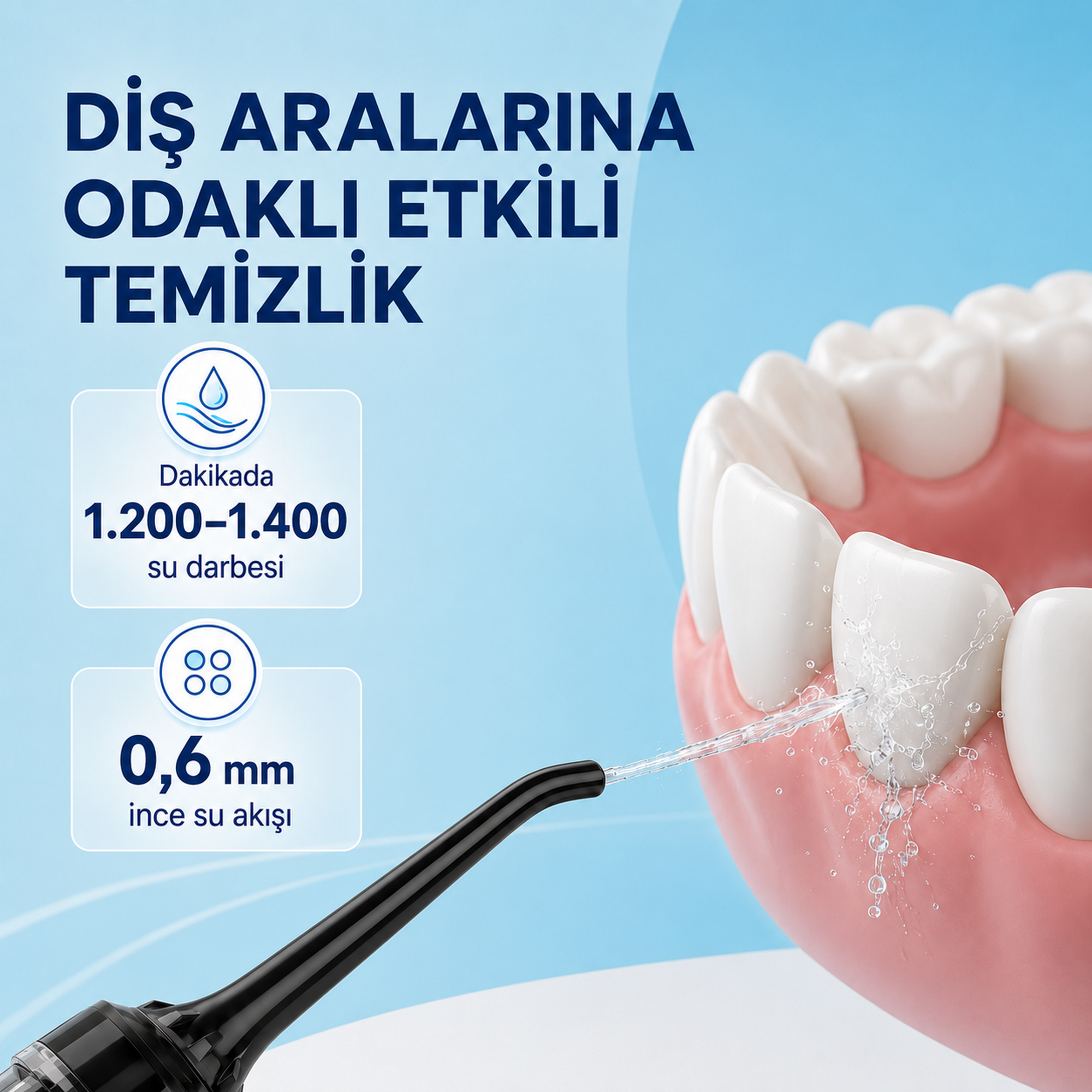 Ağız duşu dişleri temizliyor. 1200-1400 atım/dk, 0,6 mm ince su akışı.