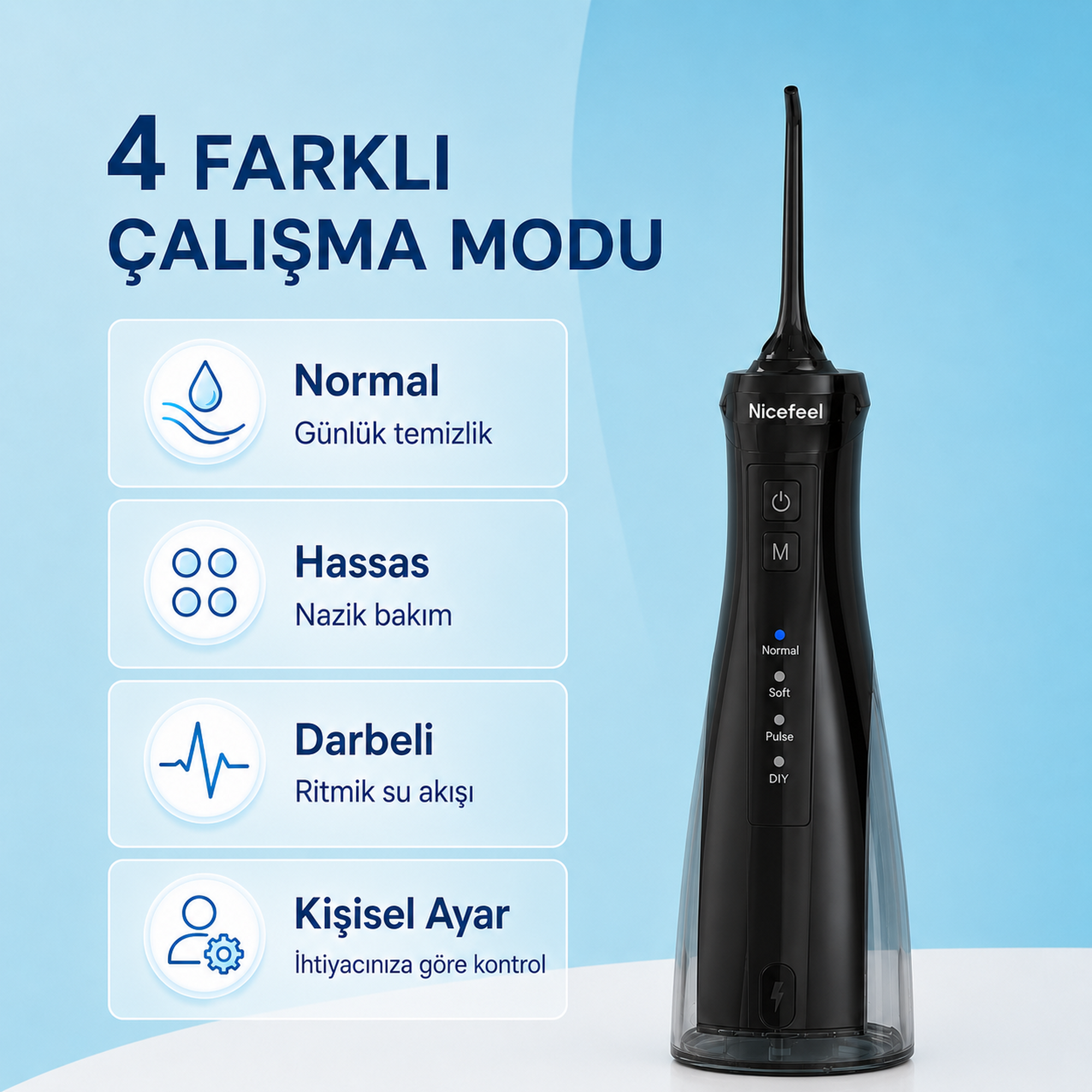 Normal, Hassas, Darbeli, Kişisel Ayar modlu siyah ağız duşu.