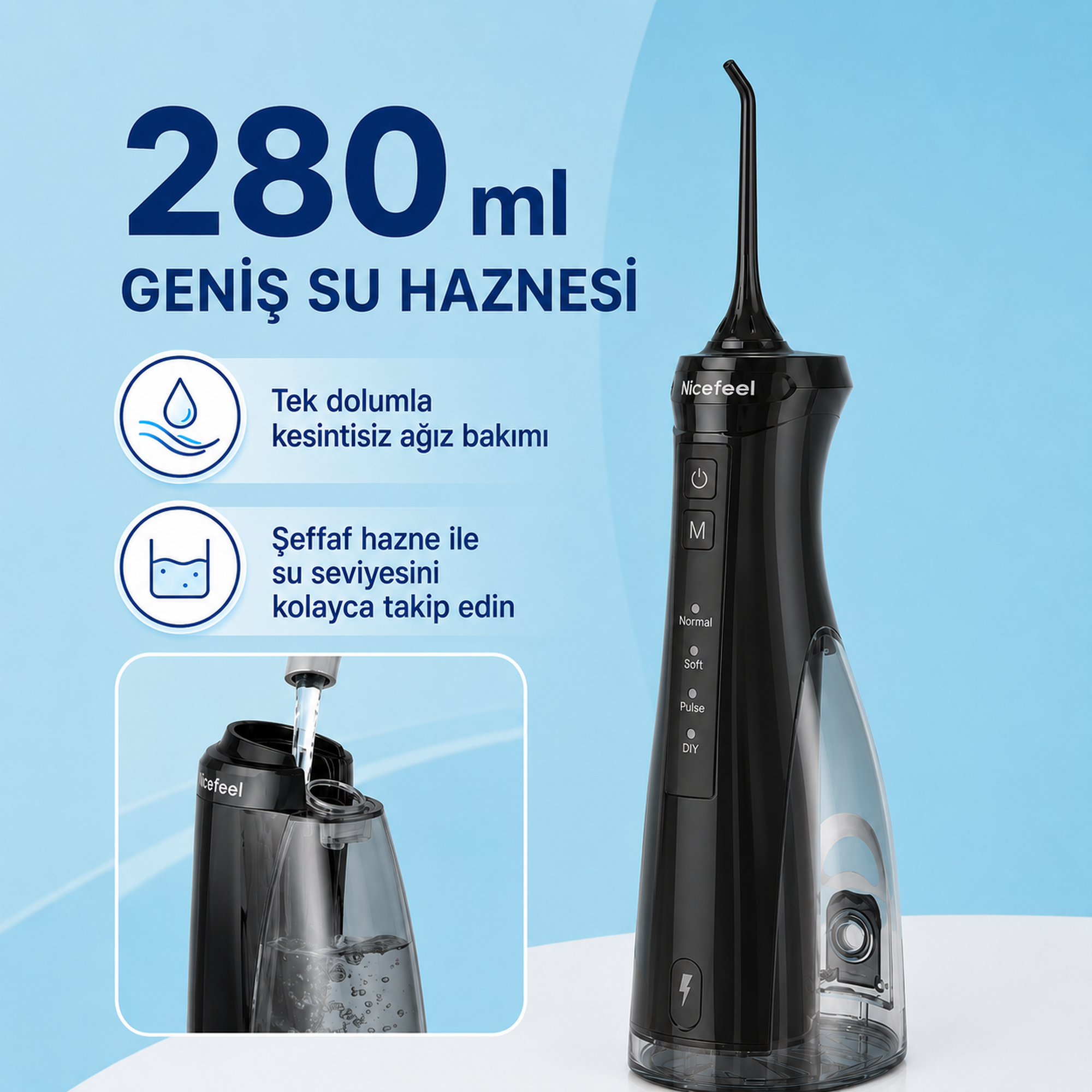 280ml haznesi ve farklı modları olan siyah diş ipi.