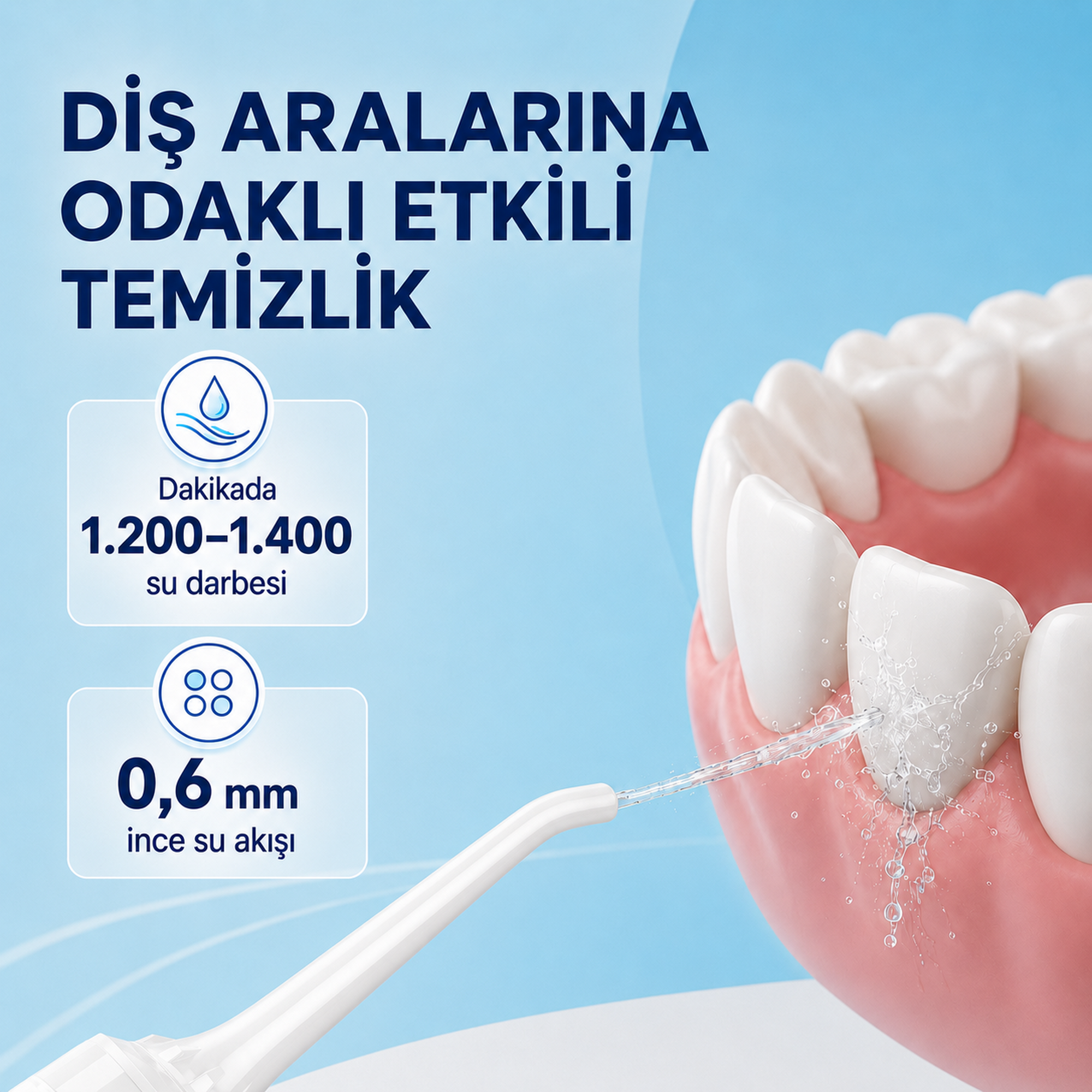 Ağız duşu diş arasına su püskürtür. 1200-1400 darbe/dk.