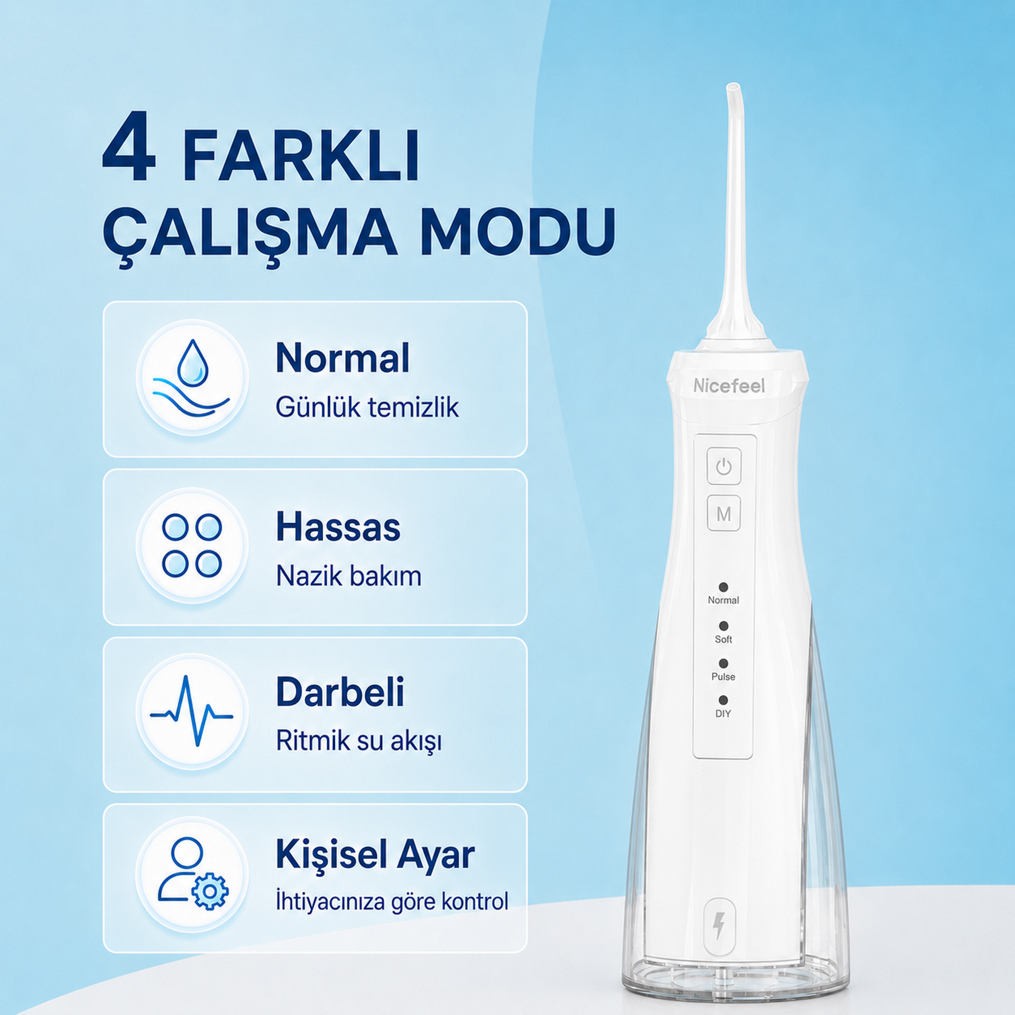 4 modlu beyaz ağız duşu: Normal, Yumuşak, Darbeli, Kişisel Ayar.