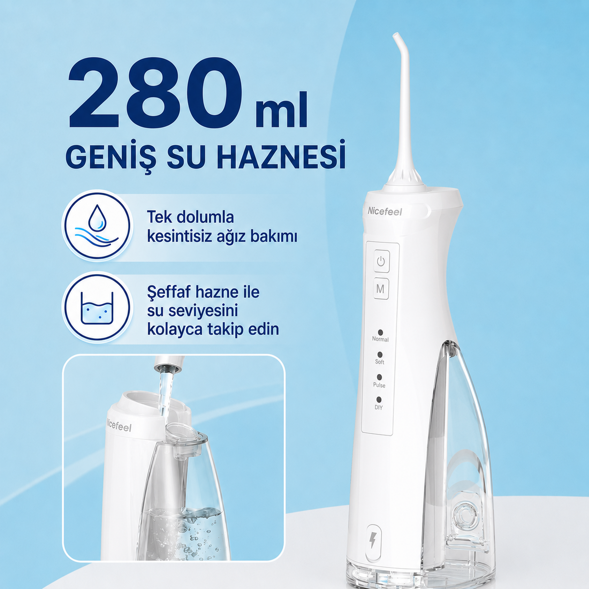 280 ml'lik haznesi olan beyaz diş ipi, mavi arka plana karşı.