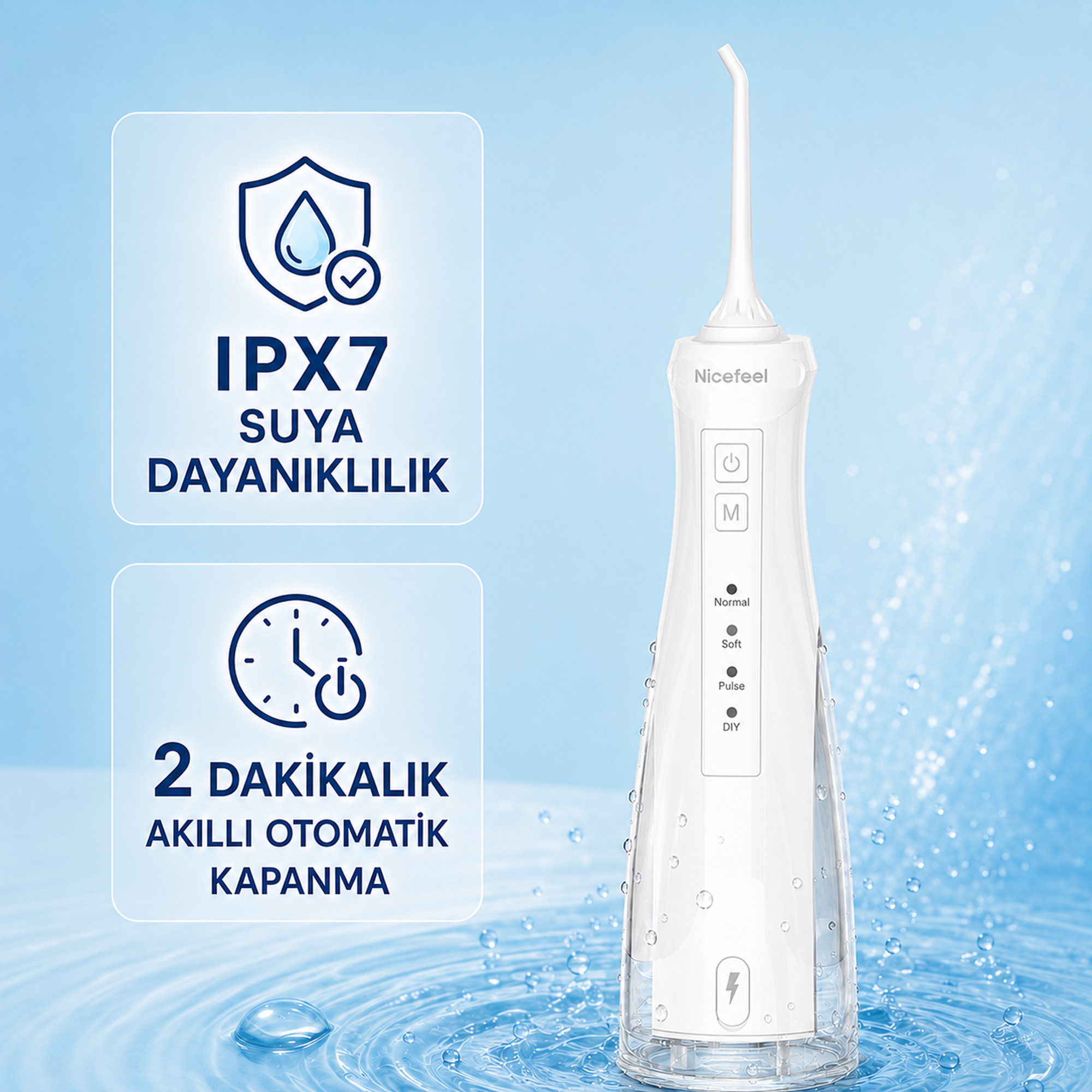 IPX7 su geçirmezlik dereceli beyaz diş ipi, 2 dk zamanlayıcı ve çeşitli modlar.