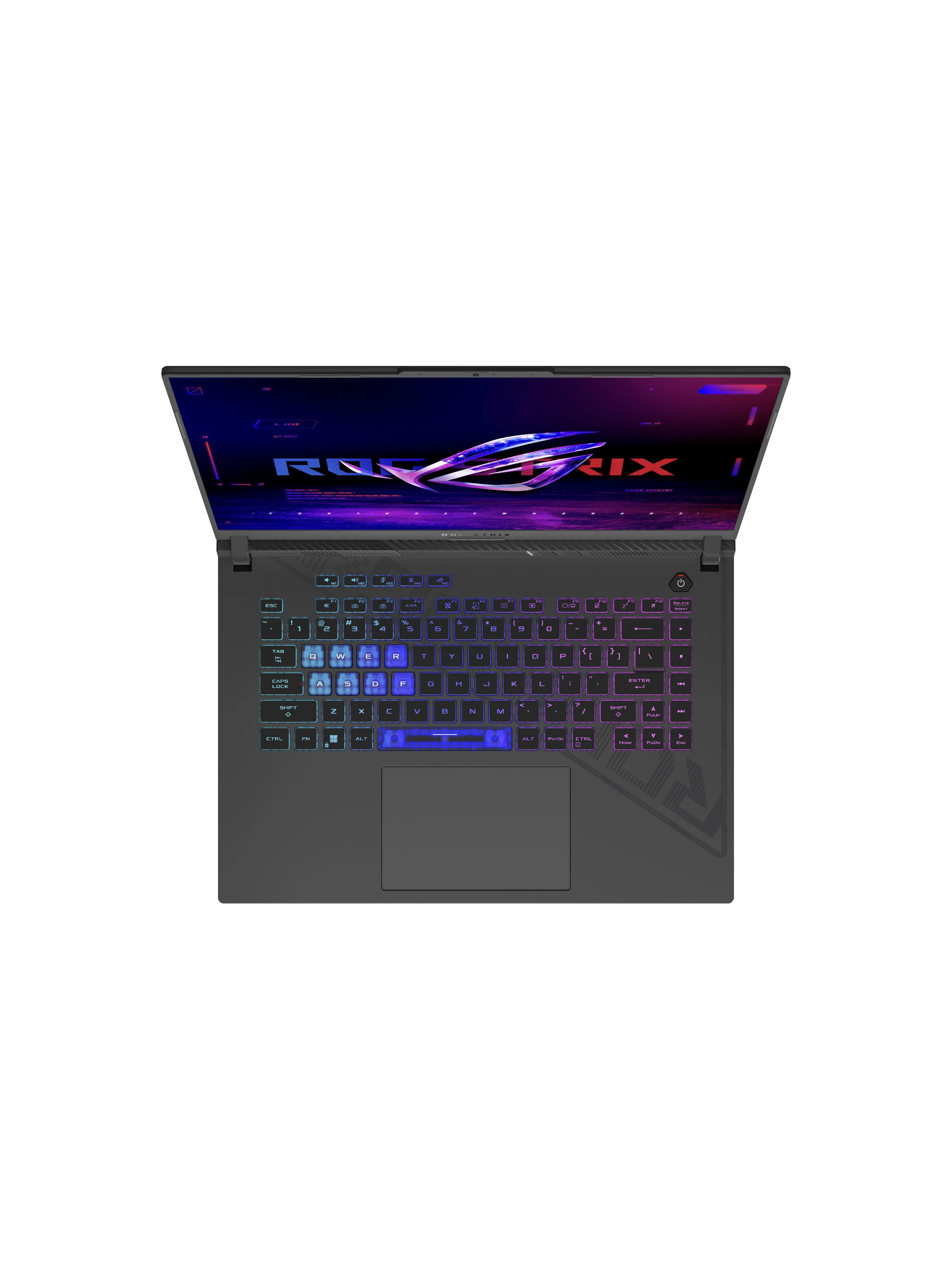 Een open laptop met een verlicht toetsenbord en ROG-logo op het scherm.