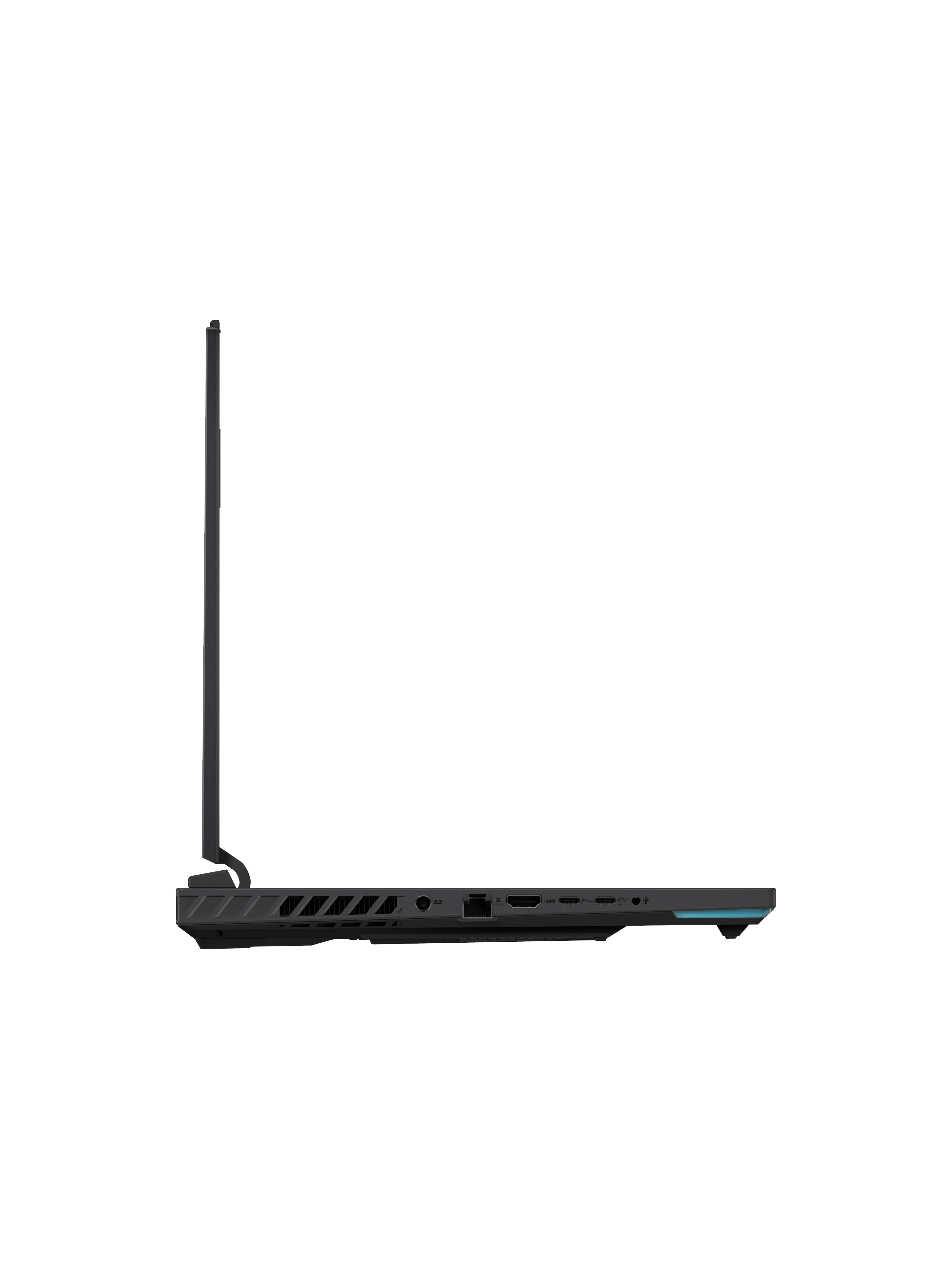 Zwarte laptop in profiel, met poorten aan de zijkant en een blauw accent.