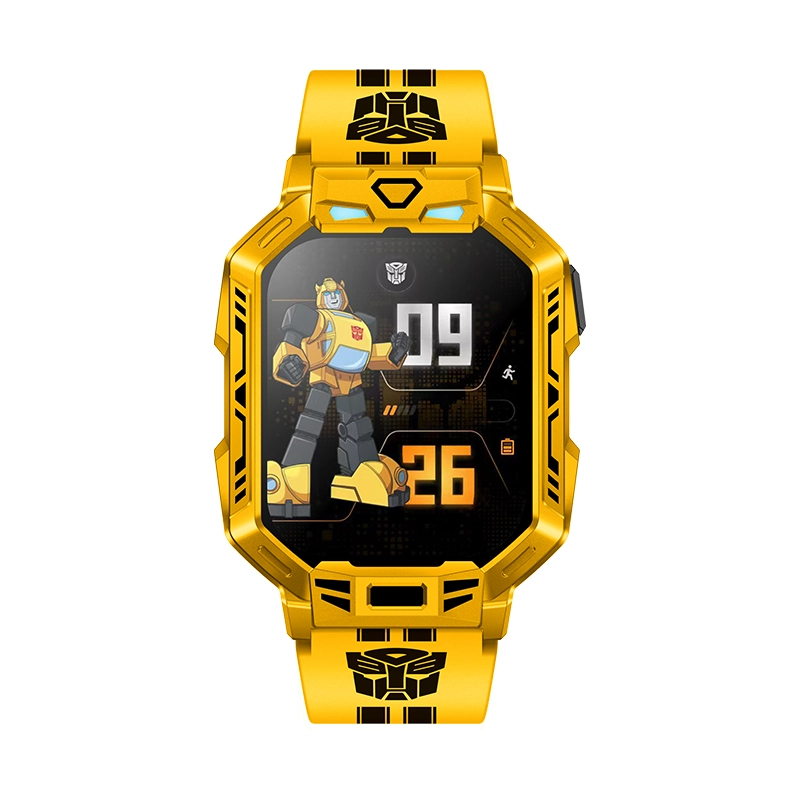 Żółty smartwatch z motywem Transformers. Pokazuje Bumblebee i godzinę 09:26.