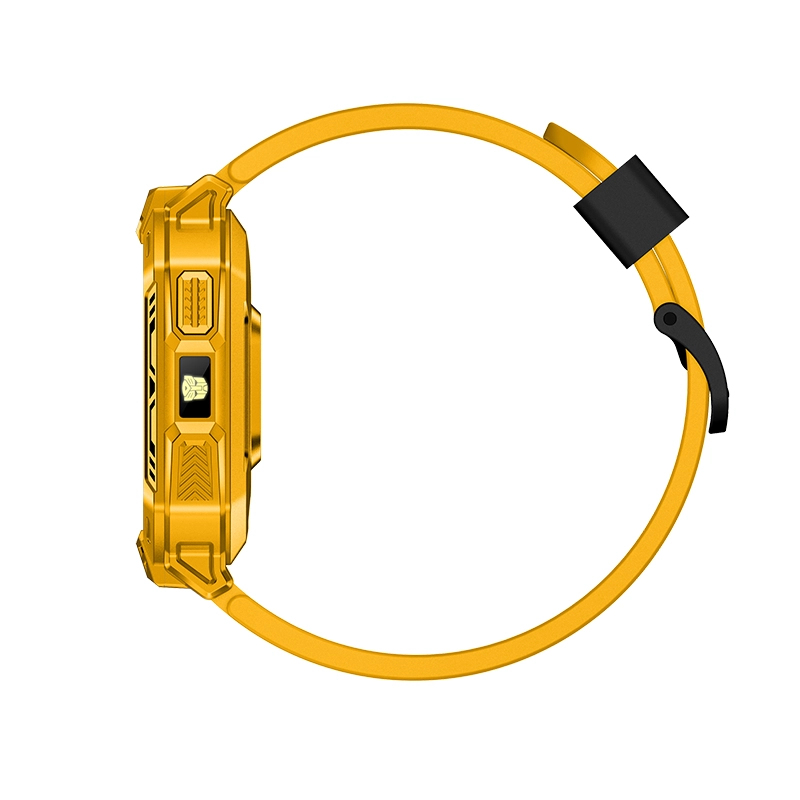 Złoty smartwatch z żółtym paskiem na białym tle.