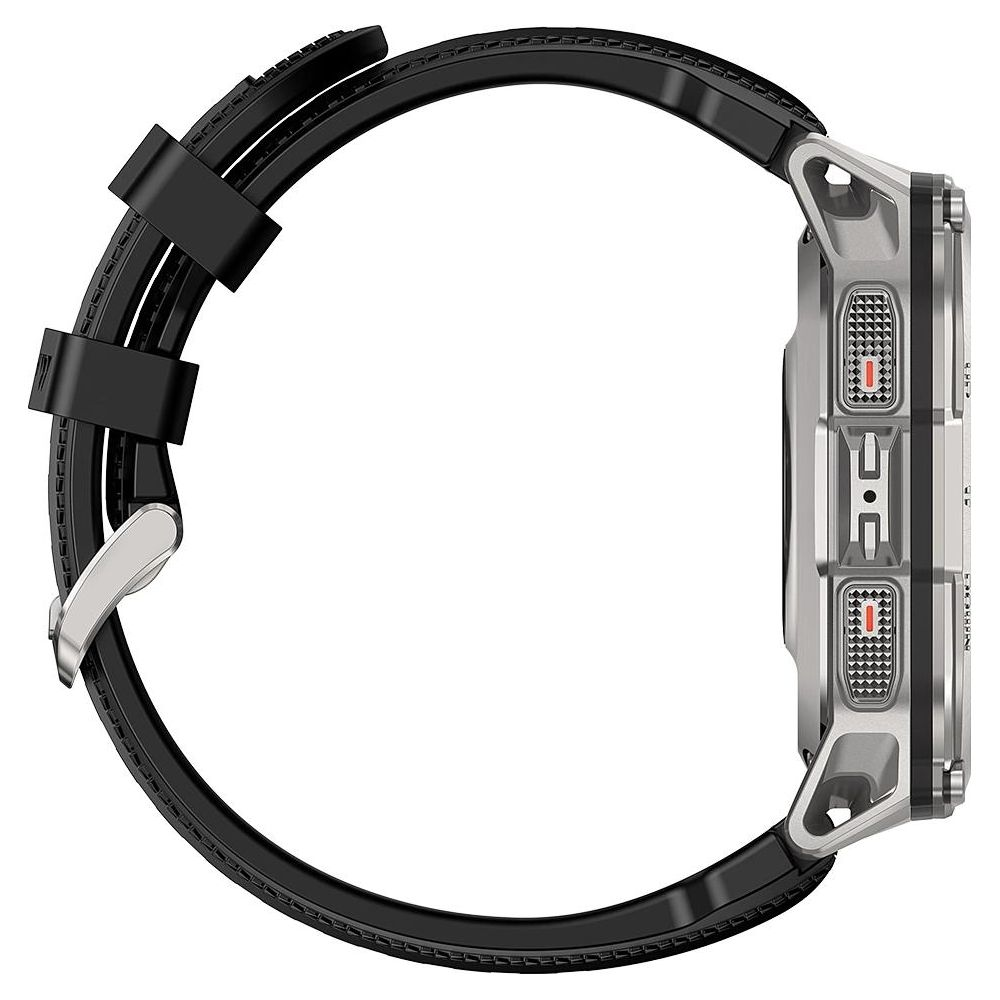 Vista laterale di uno smartwatch argentato con cinturino nero e pulsanti testurizzati.