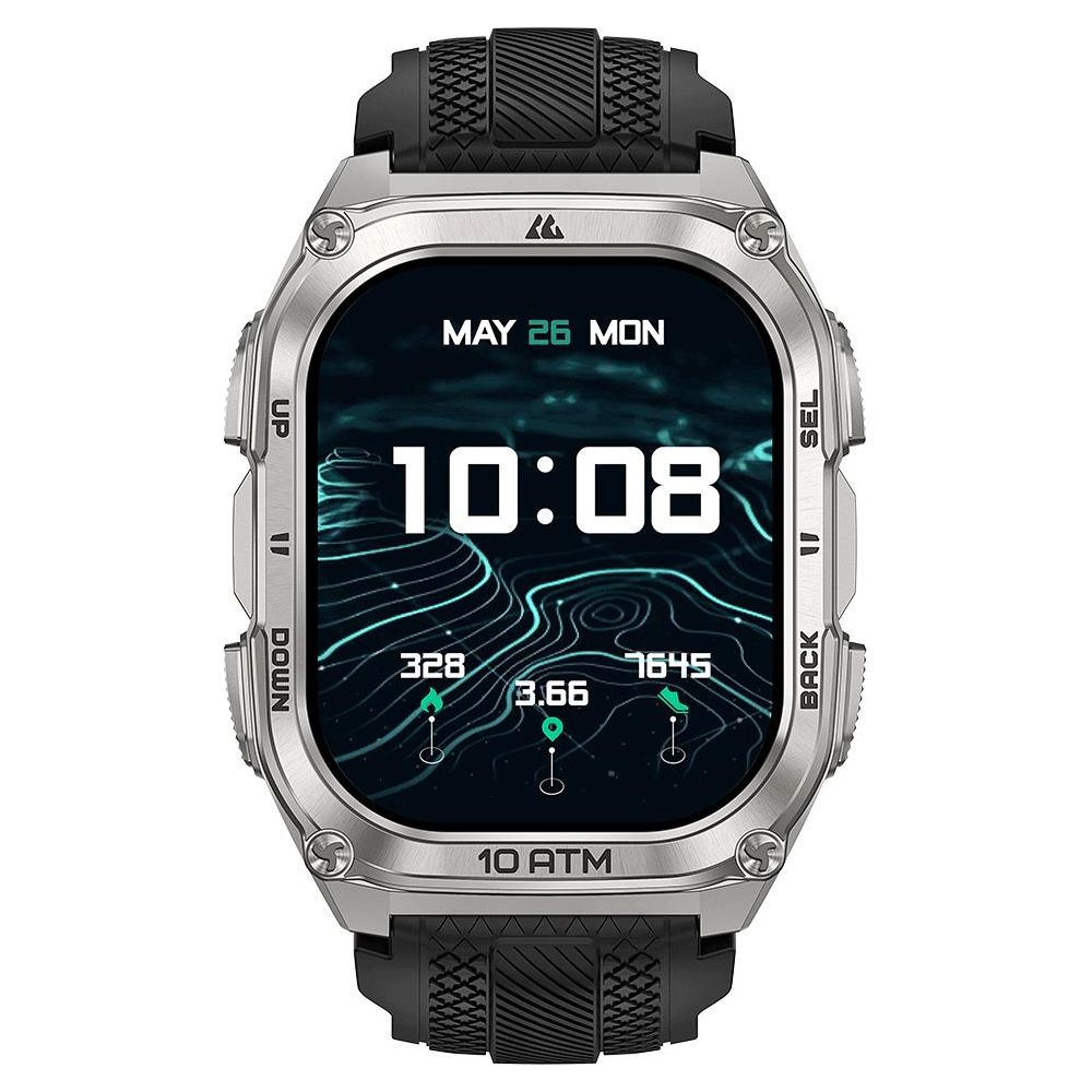 Uno smartwatch con cassa argentata e cinturino nero, mostra le 10:08, data, meteo e passi.