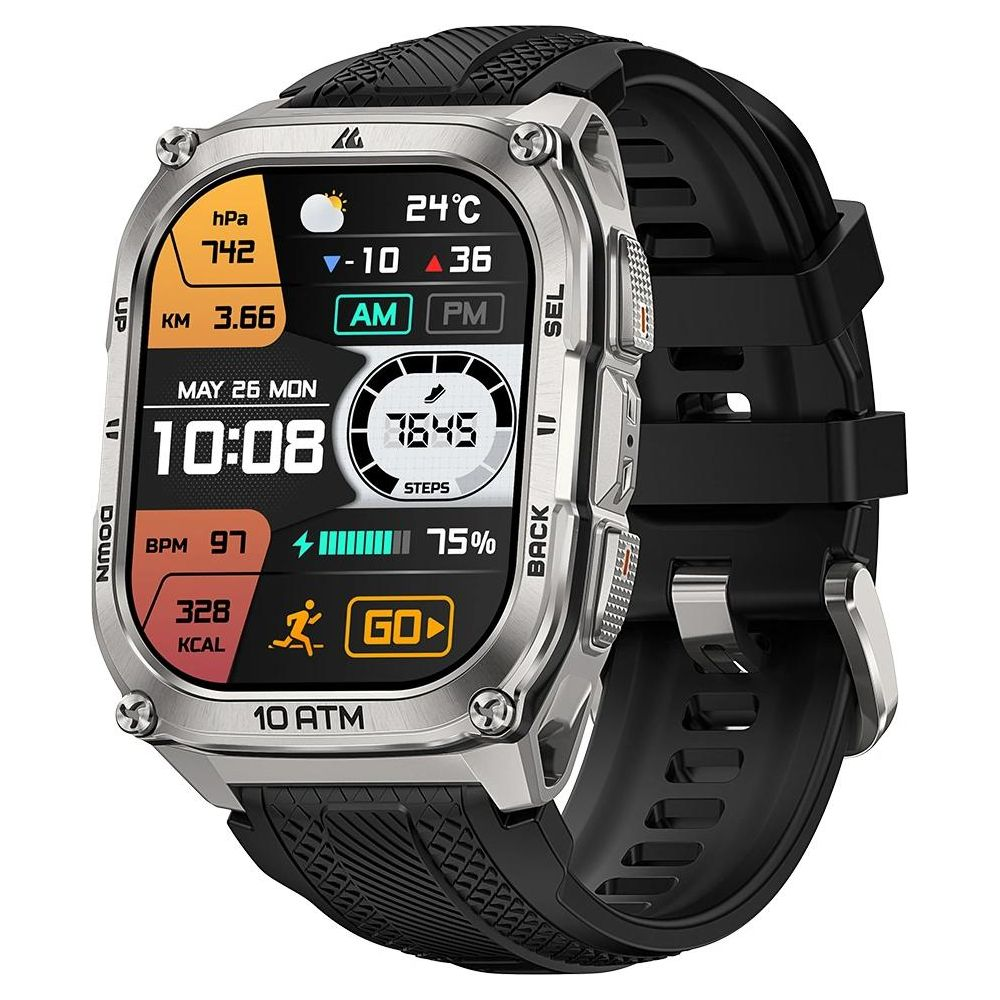 Uno smartwatch mostra 24°C, 742 hPa, 3,66 km, 10:08, 7645 passi, 97 BPM, 328 kcal.