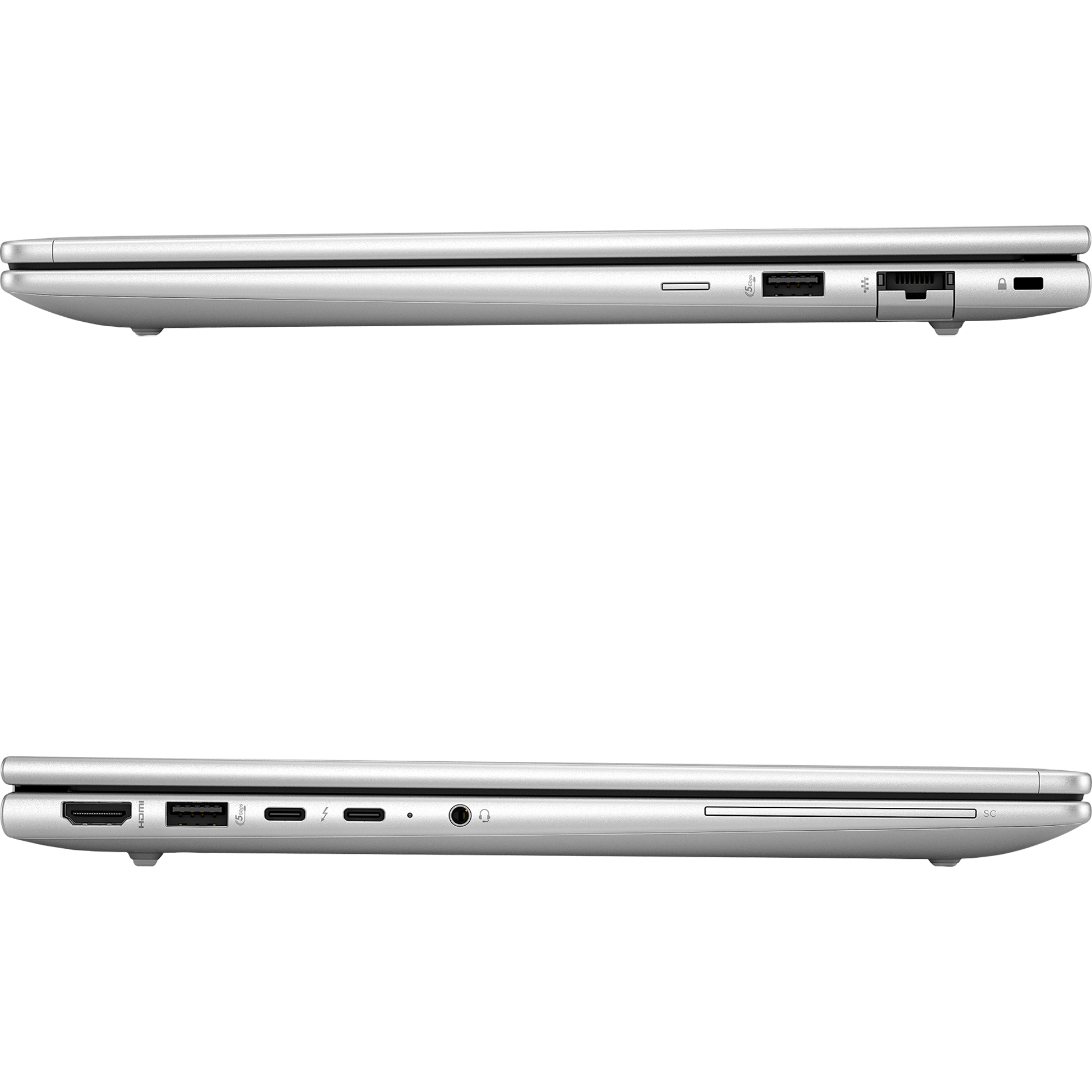Gümüş rengi dizüstü bilgisayar yandan görünüyor, USB, HDMI, Thunderbolt portları mevcut.