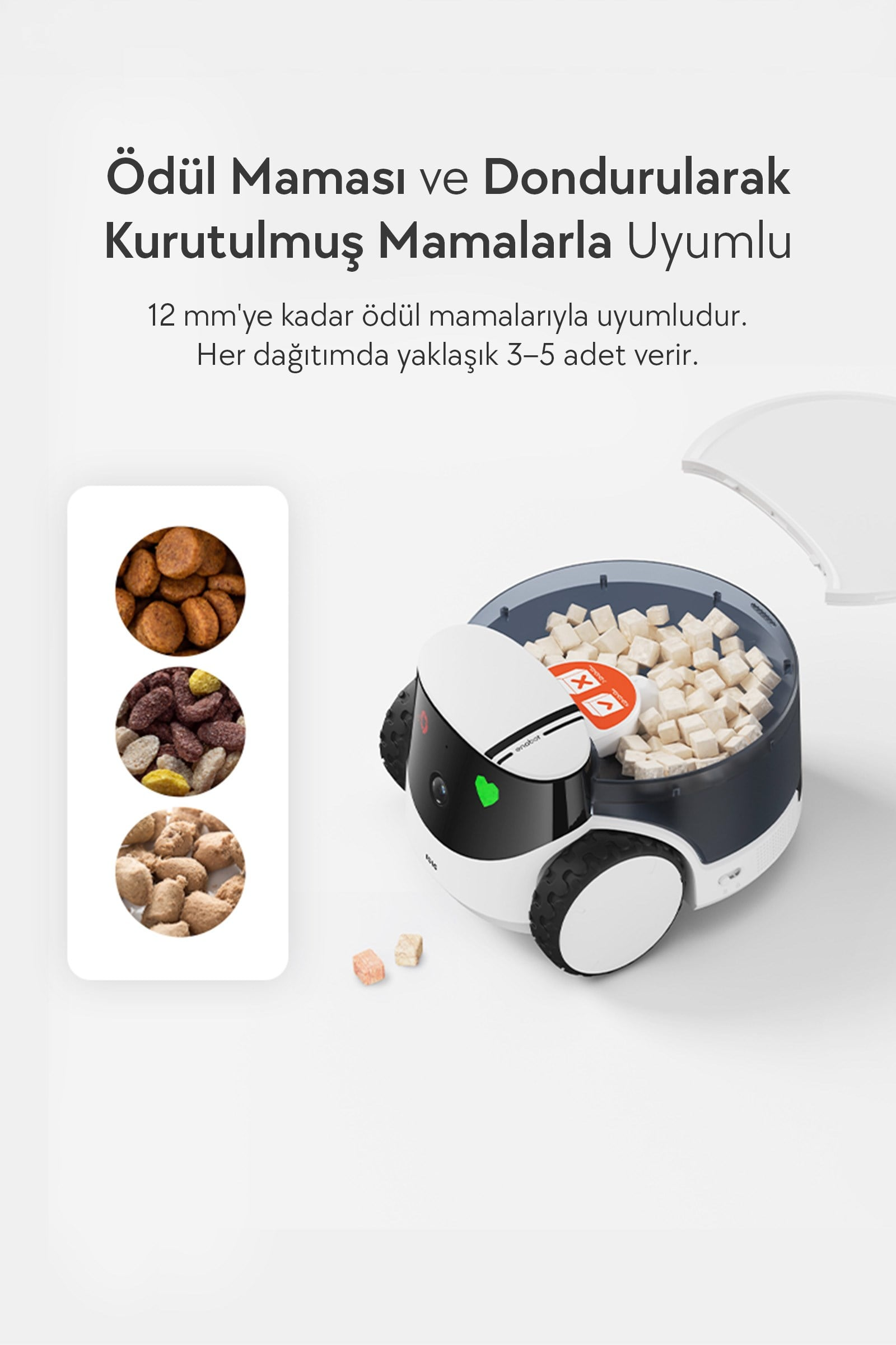 Küp şekerle dolu beyaz tekerlekli robot, yanında üç mama çemberi.