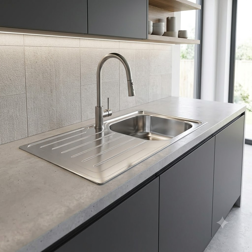 Cucina moderna con lavello in acciaio inox, piano di lavoro in cemento e mobili scuri.