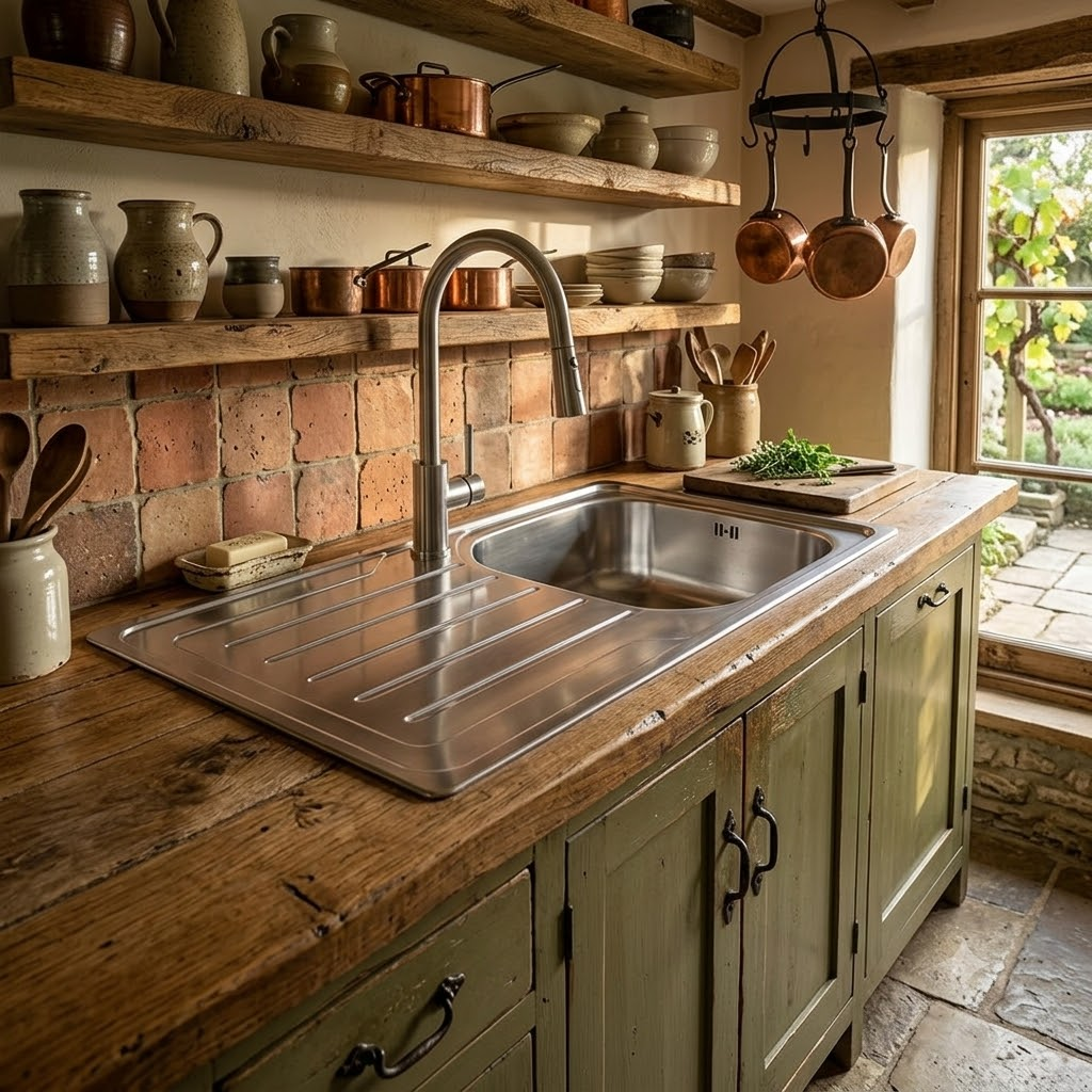 Cucina rustica con lavello, piano di lavoro in legno, pentole in rame e vista finestra.