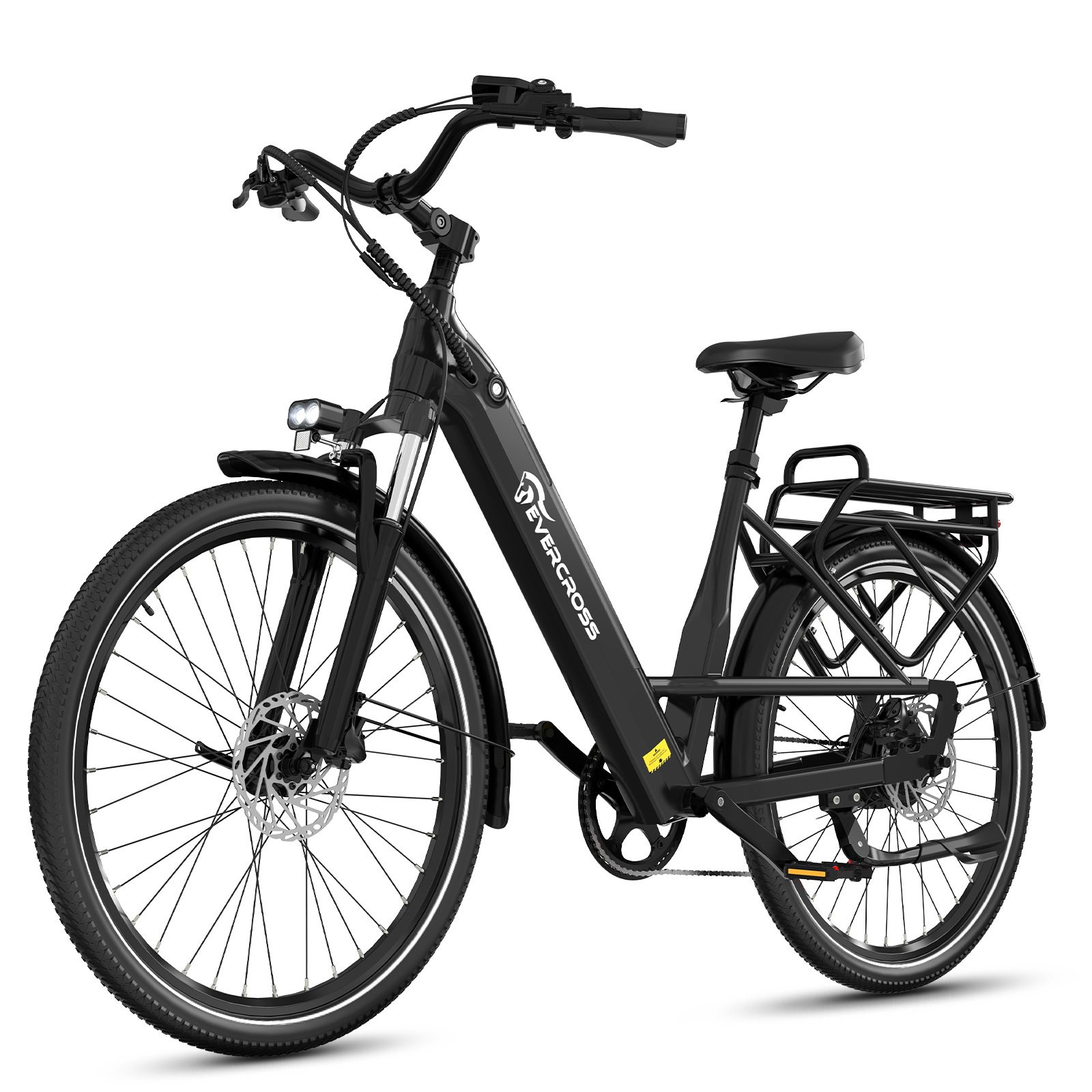 Ein schwarzes Herrenfahrrad mit Gepäckträger und Doppelscheinwerfern.