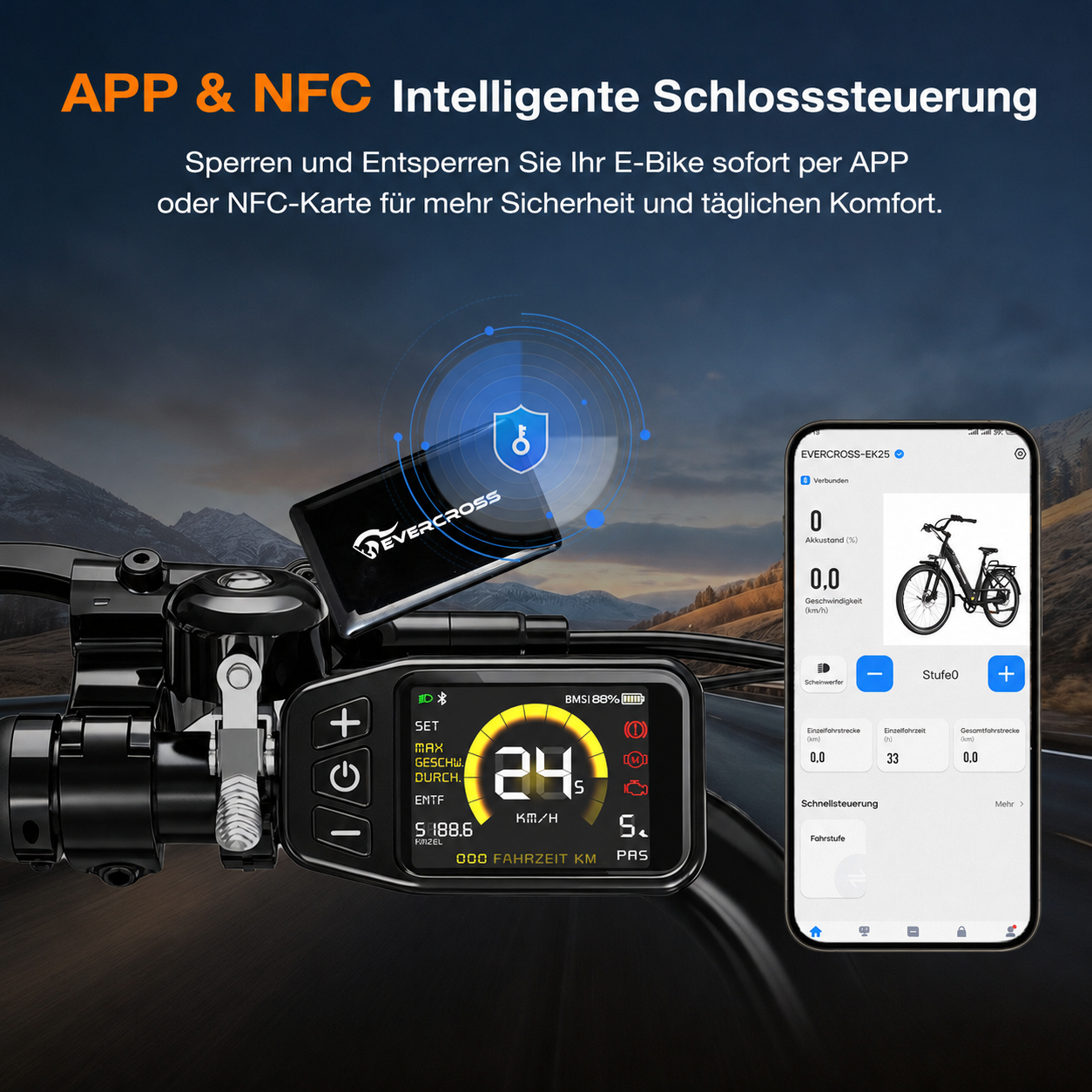 E-Bike Display zeigt 24 km/h, Akkustand 88%. Handy zeigt E-Bike Daten.