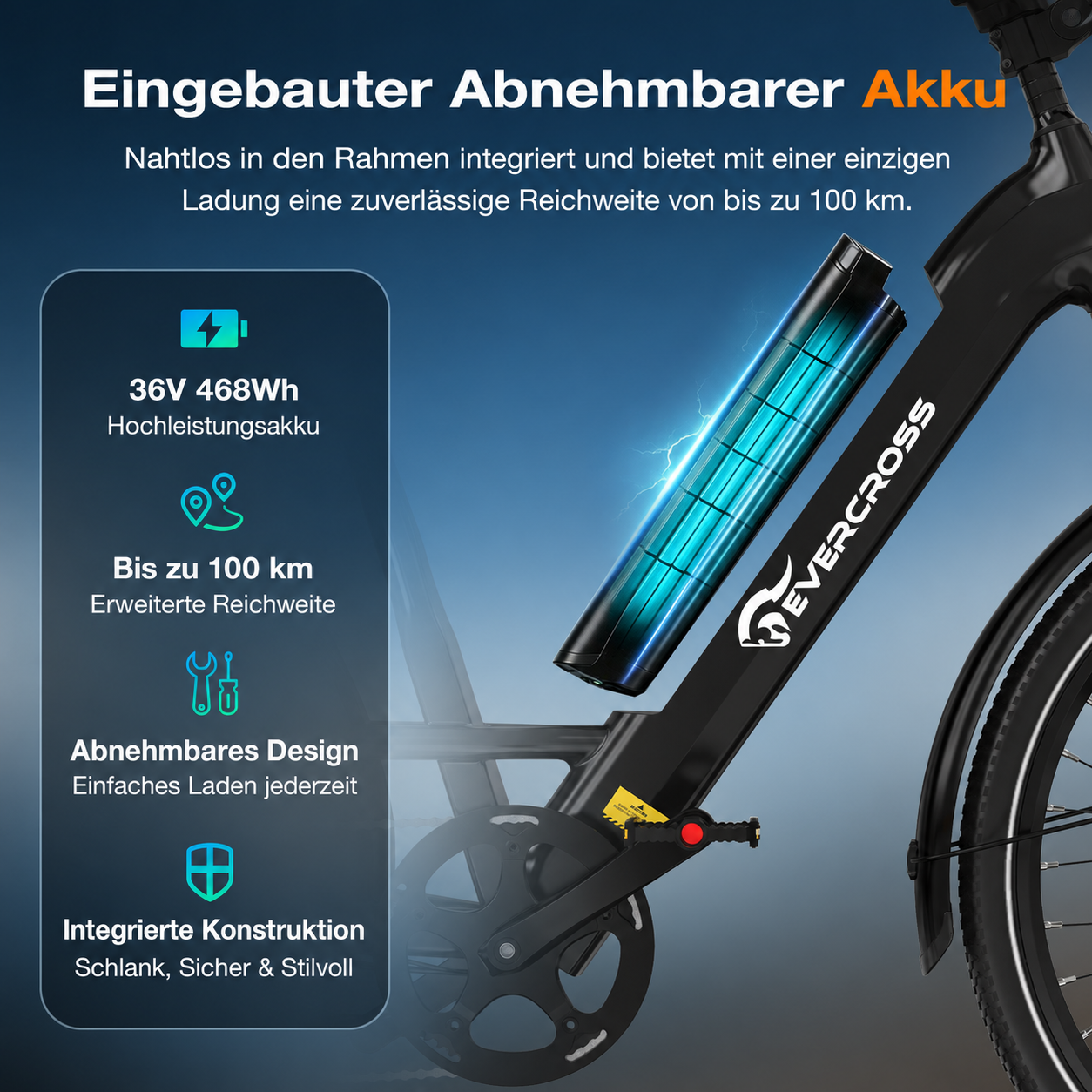 E-Bike Akku im Rahmen, 36V 468Wh, bis 100km Reichweite.