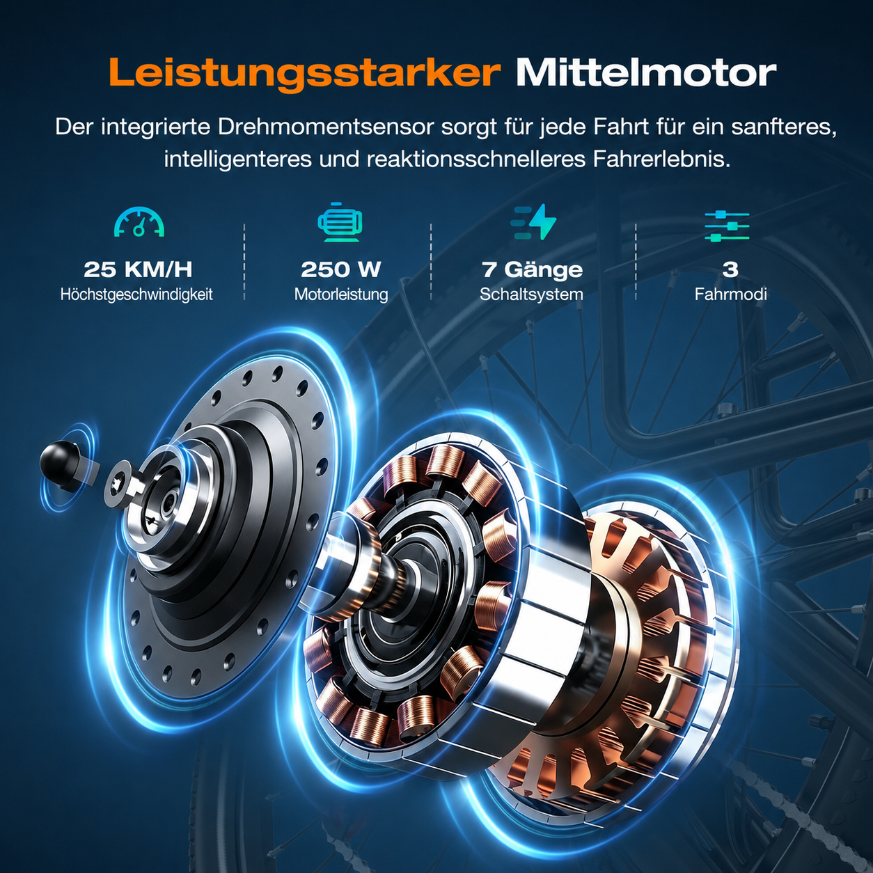 Explodierte Ansicht eines E-Bike Mittelmotors mit technischen Daten.