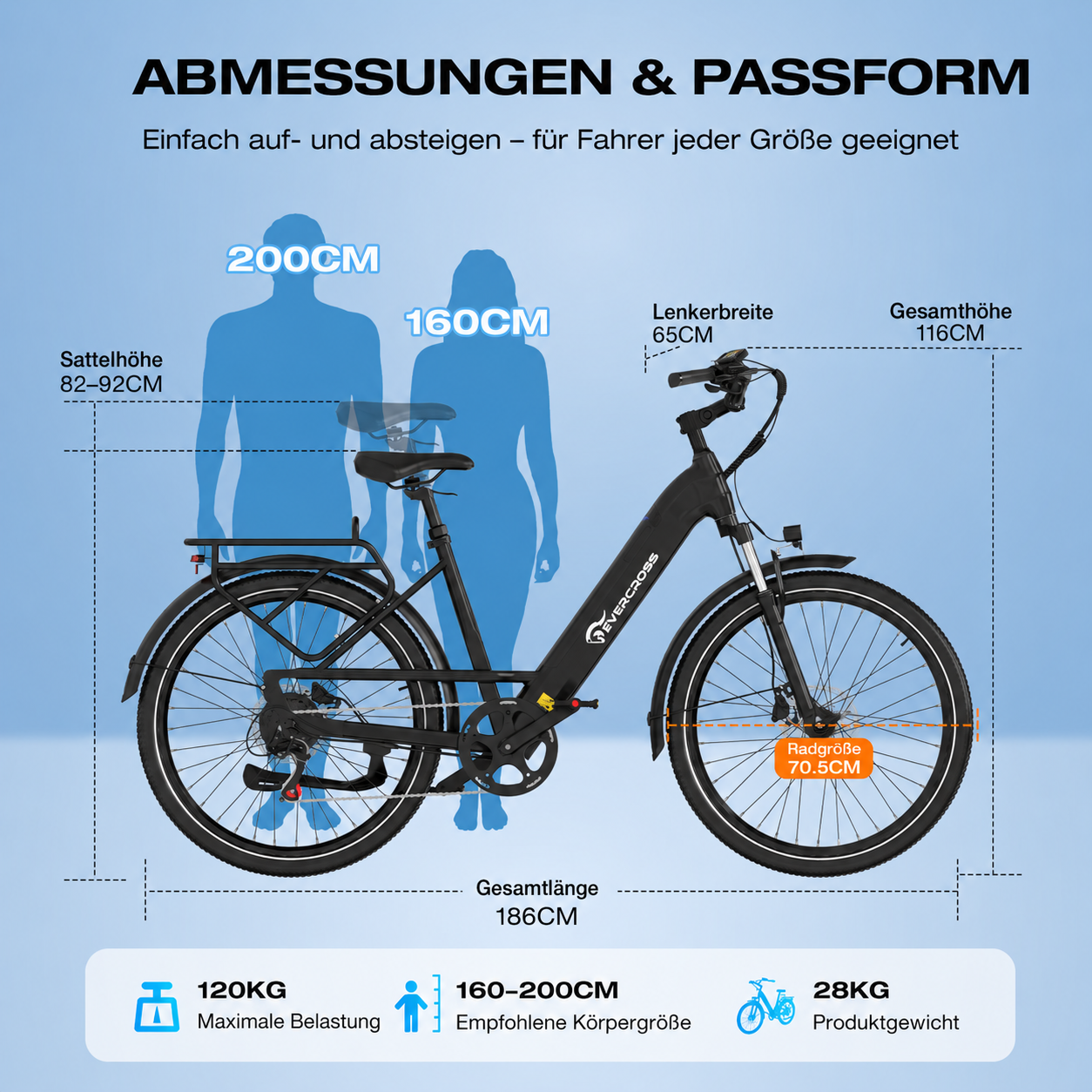 E-Bike mit Maßen: Gesamtlänge 186cm, Sitzhöhe 82-92cm, Lenkerbreite 65cm.