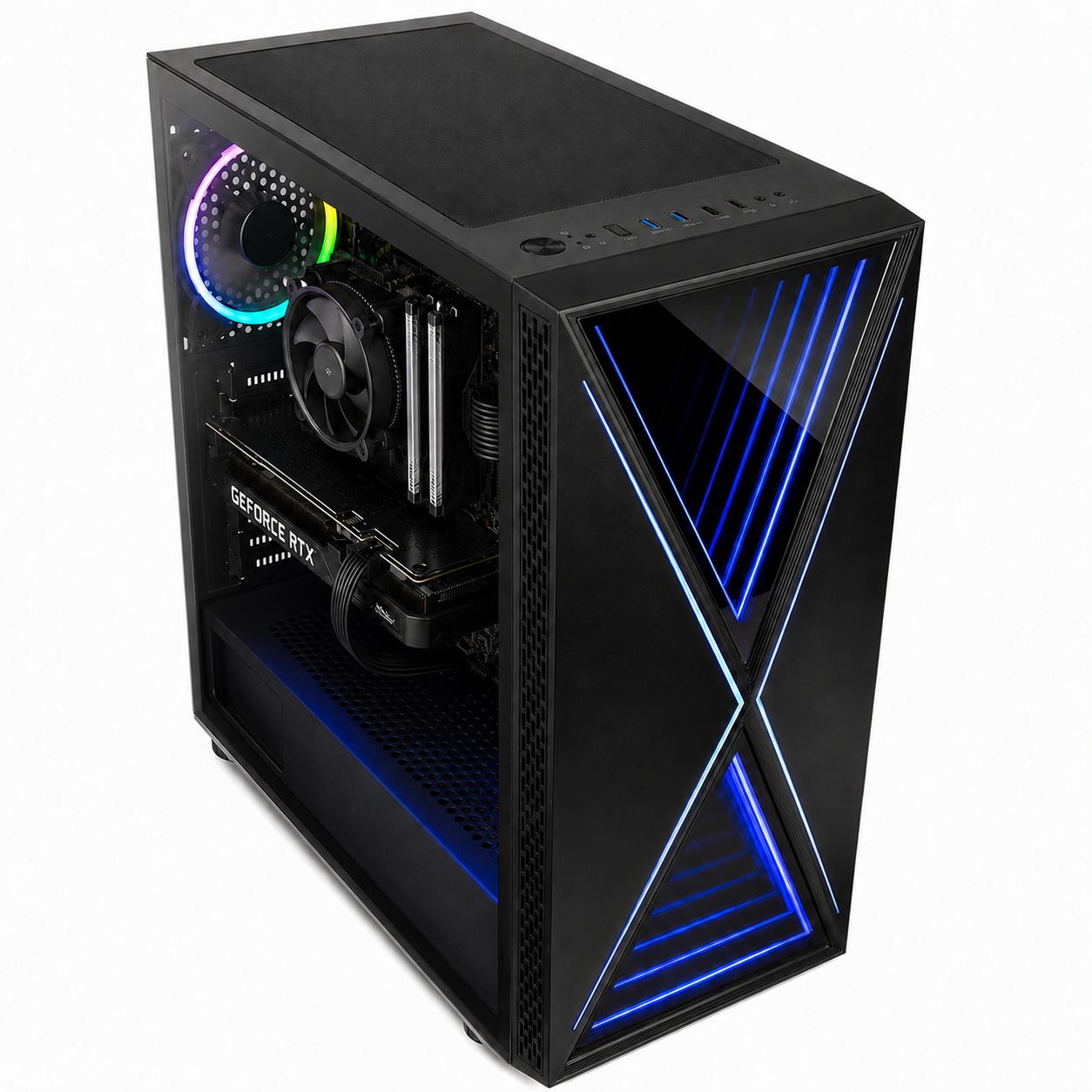 Schwarzer Gaming-PC mit beleuchtetem Lüfter, Grafikkarte und blauen Akzenten.
