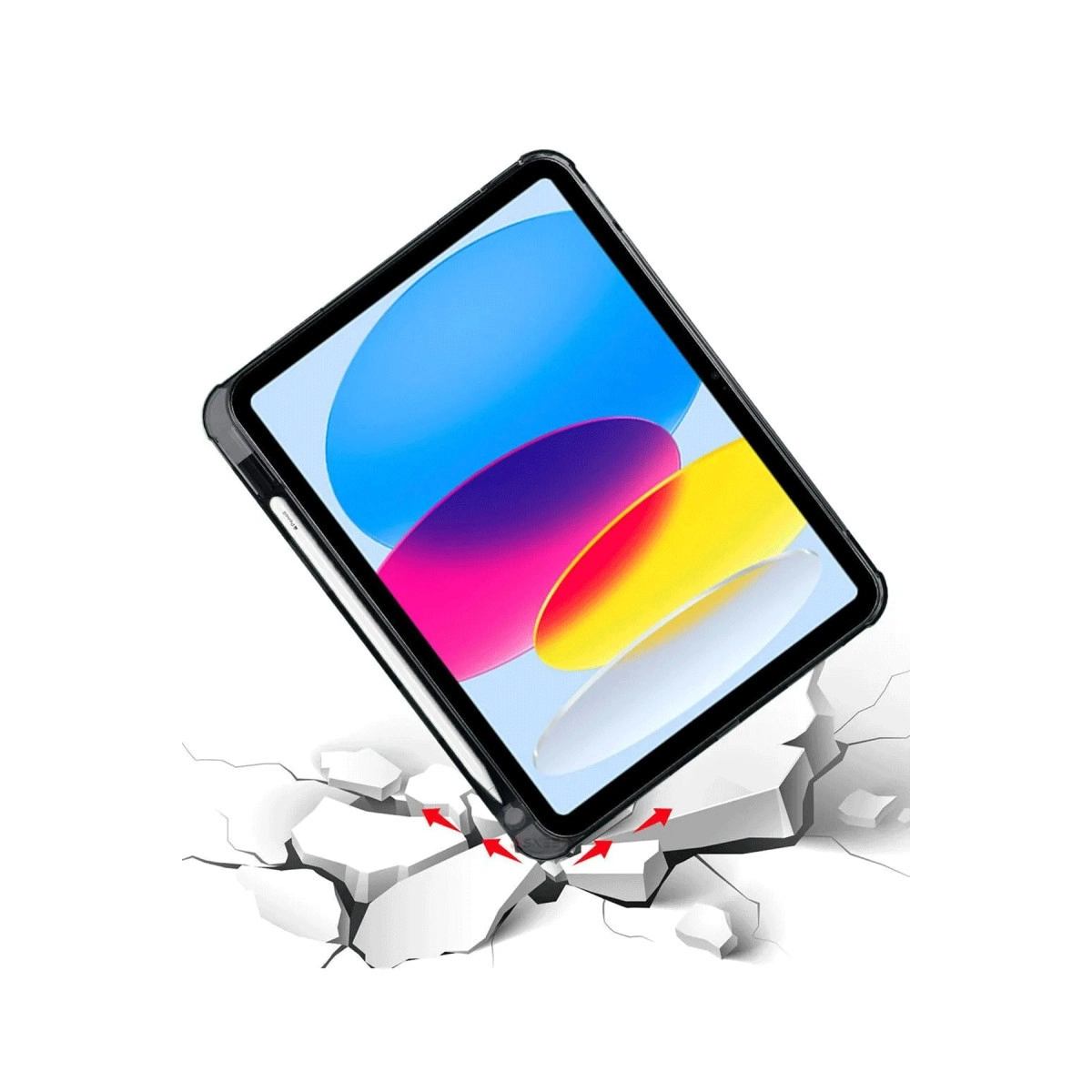 Kalemli bir tablet çatlak zemine düşüyor, kırmızı oklar darbe emilimini gösteriyor.