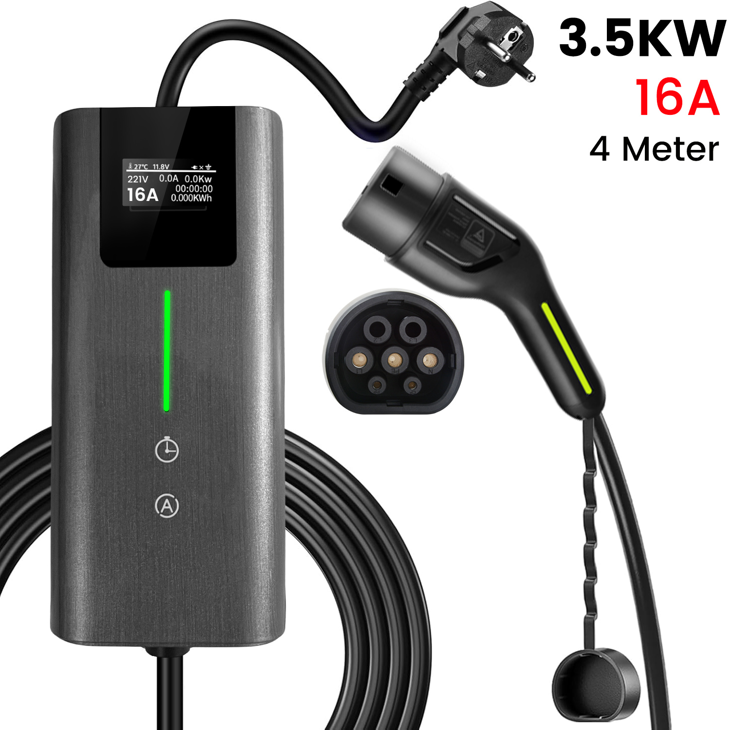Ładowarka EV z wyświetlaczem, wtyczką i kablem. 3.5KW 16A, 4 metry.