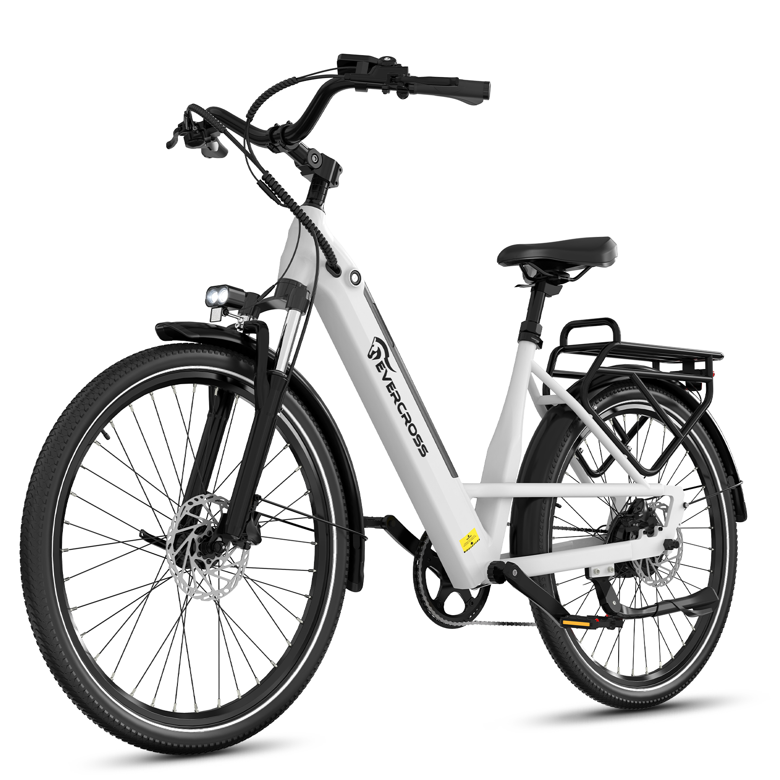 Ein weißes Elektrofahrrad mit schwarzem Sattel, Gepäckträger und Reifen.