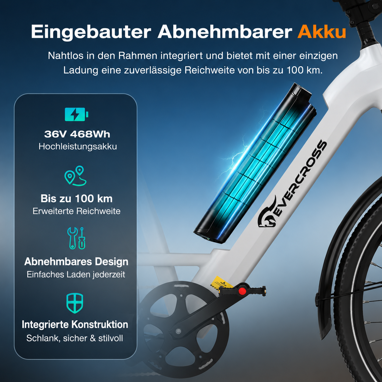 Ein weißes E-Bike mit integriertem, leuchtendem Akku und Textdetails.