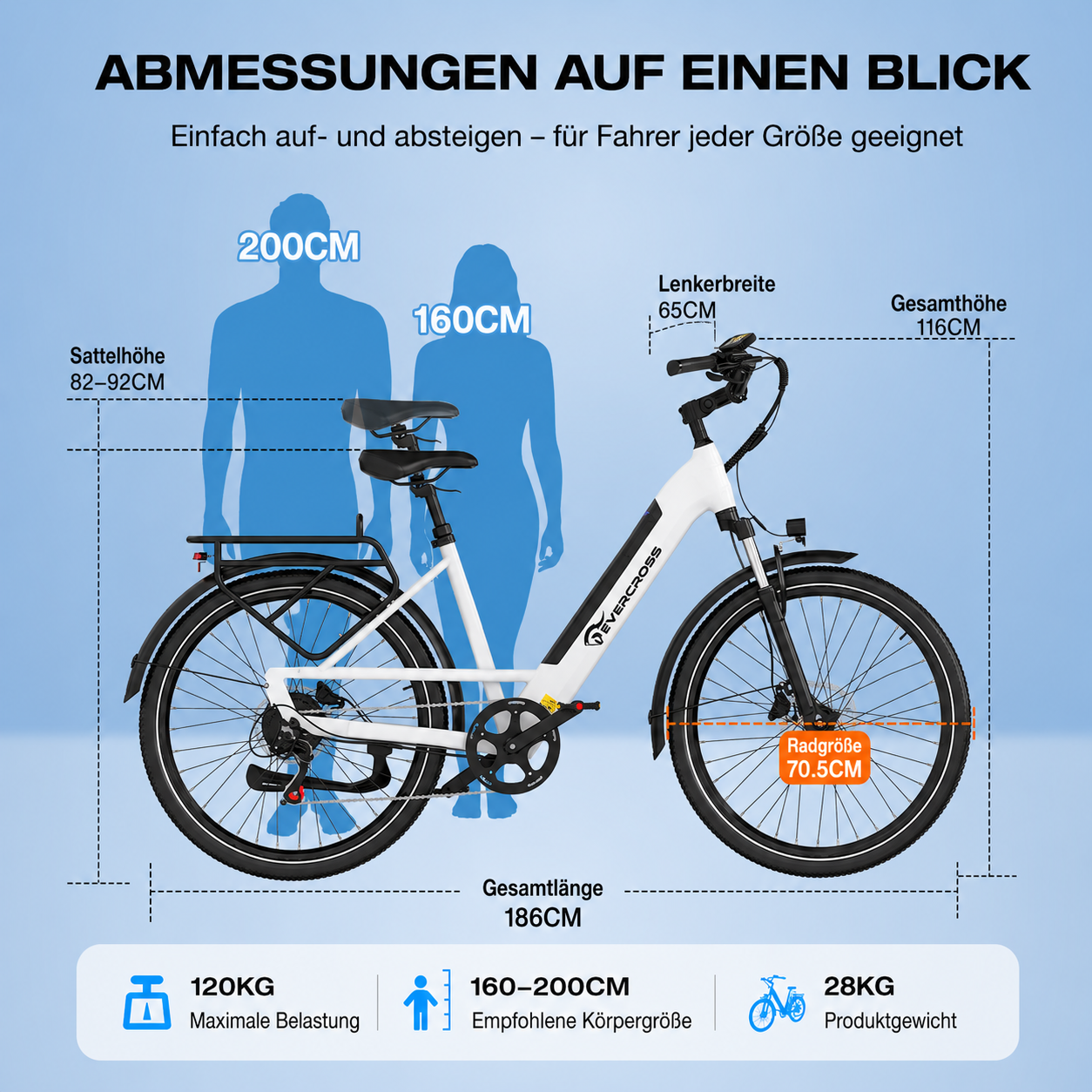 Abmessungen eines weißen E-Bikes mit Fahrergrößenangaben. Max. Belastung 120kg.