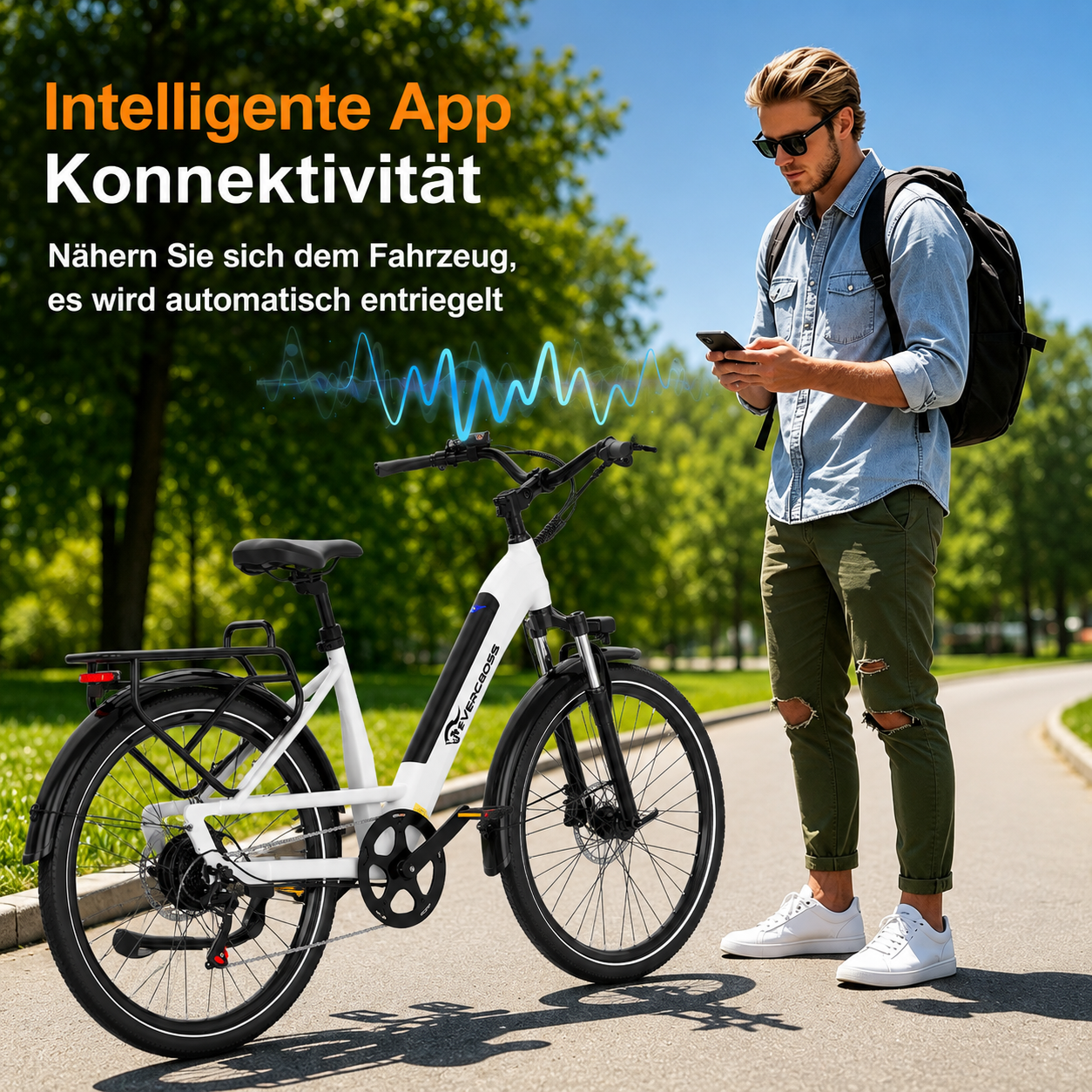 Mann mit Smartphone neben weißem E-Bike im Freien, mit Wellenlinien-Grafik.