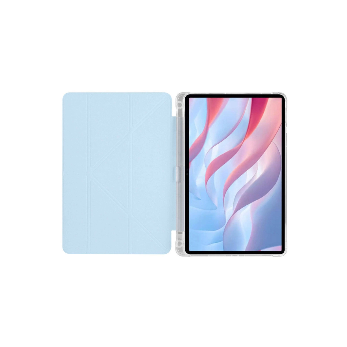 Açık mavi tablet, renkli duvar kağıdı gösteren kapağı açık.