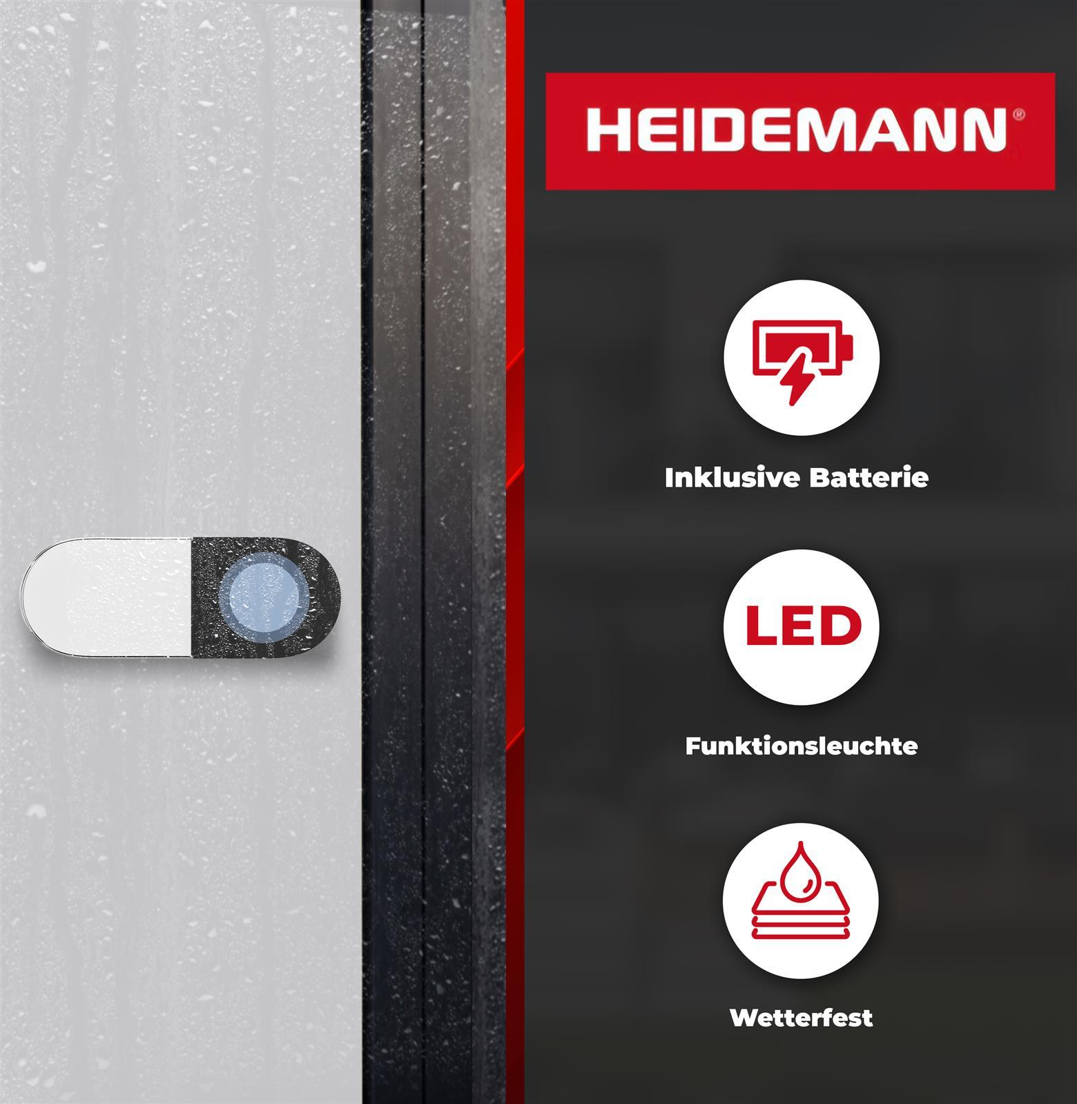 Heidemann Produkt mit Batterie, LED und Wetterfest-Symbol.