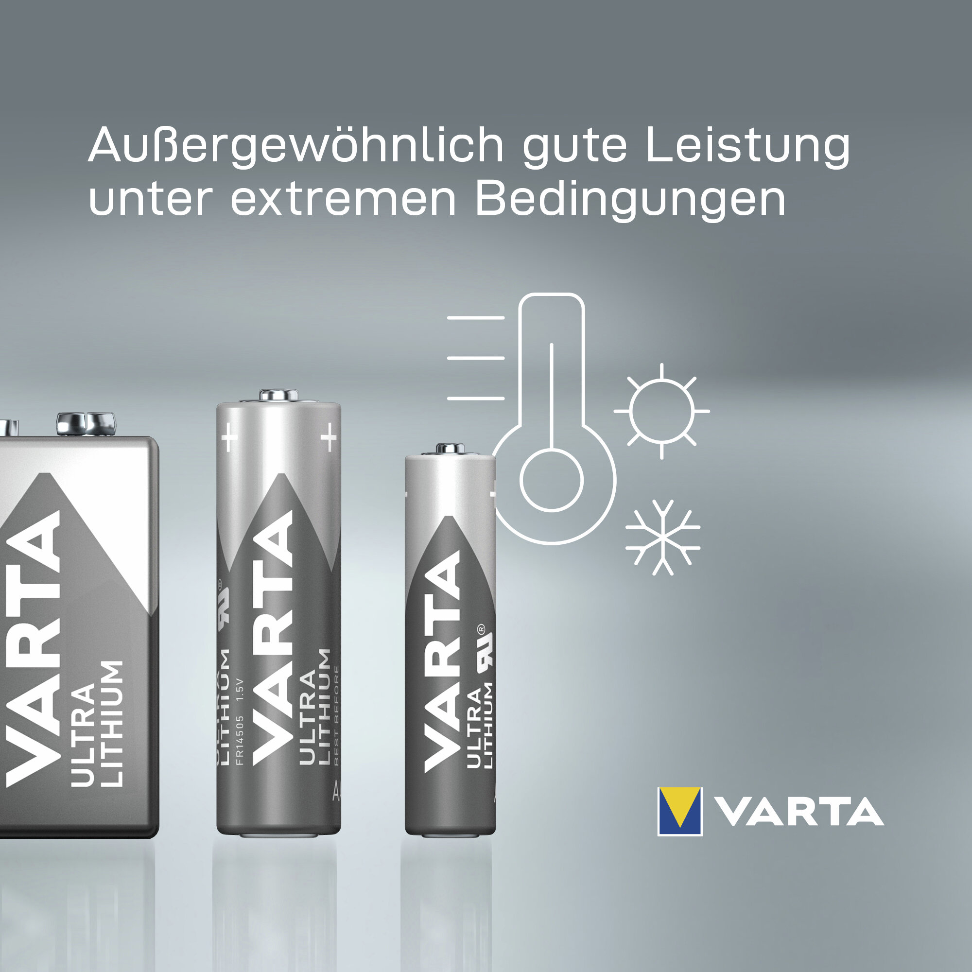 Varta Ultra Lithium batteries for extreme conditions. Thermometer icon.