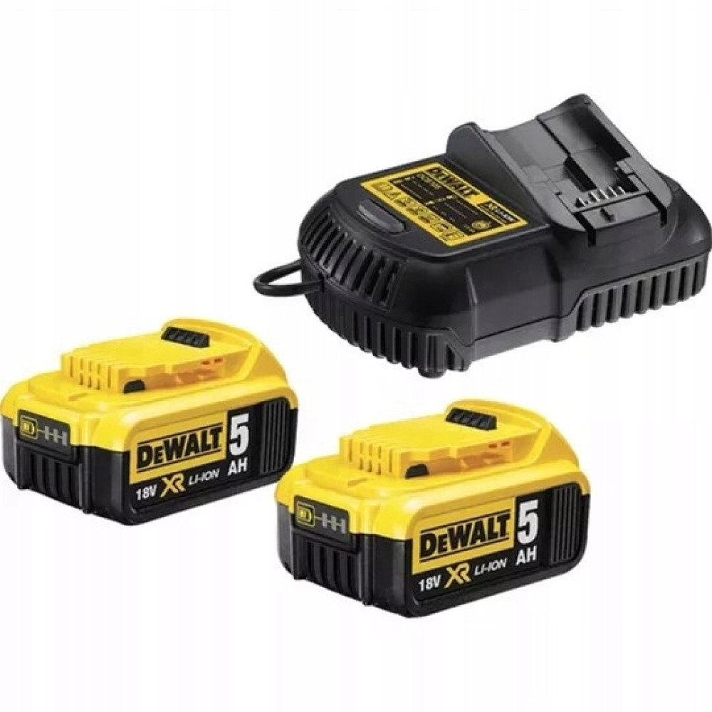 Dwa żółte akumulatory DeWalt 18V XR Li-Ion 5 Ah i czarna ładowarka.