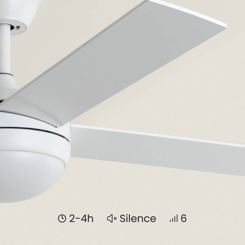 Weiße Deckenventilatorflügel vor hellem Hintergrund mit Timer- und Lautstärkesymbolen.
