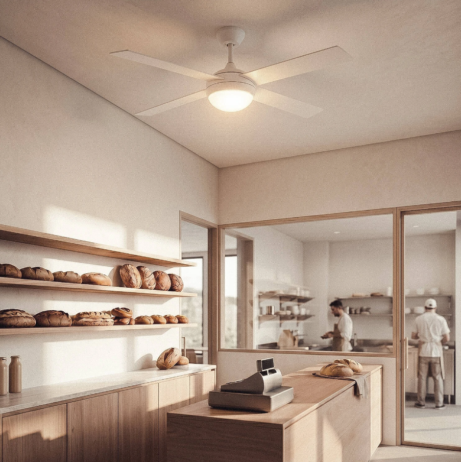 Eine Bäckerei mit Regalen voller Brot, einer Kasse und Bäckern im Hintergrund.
