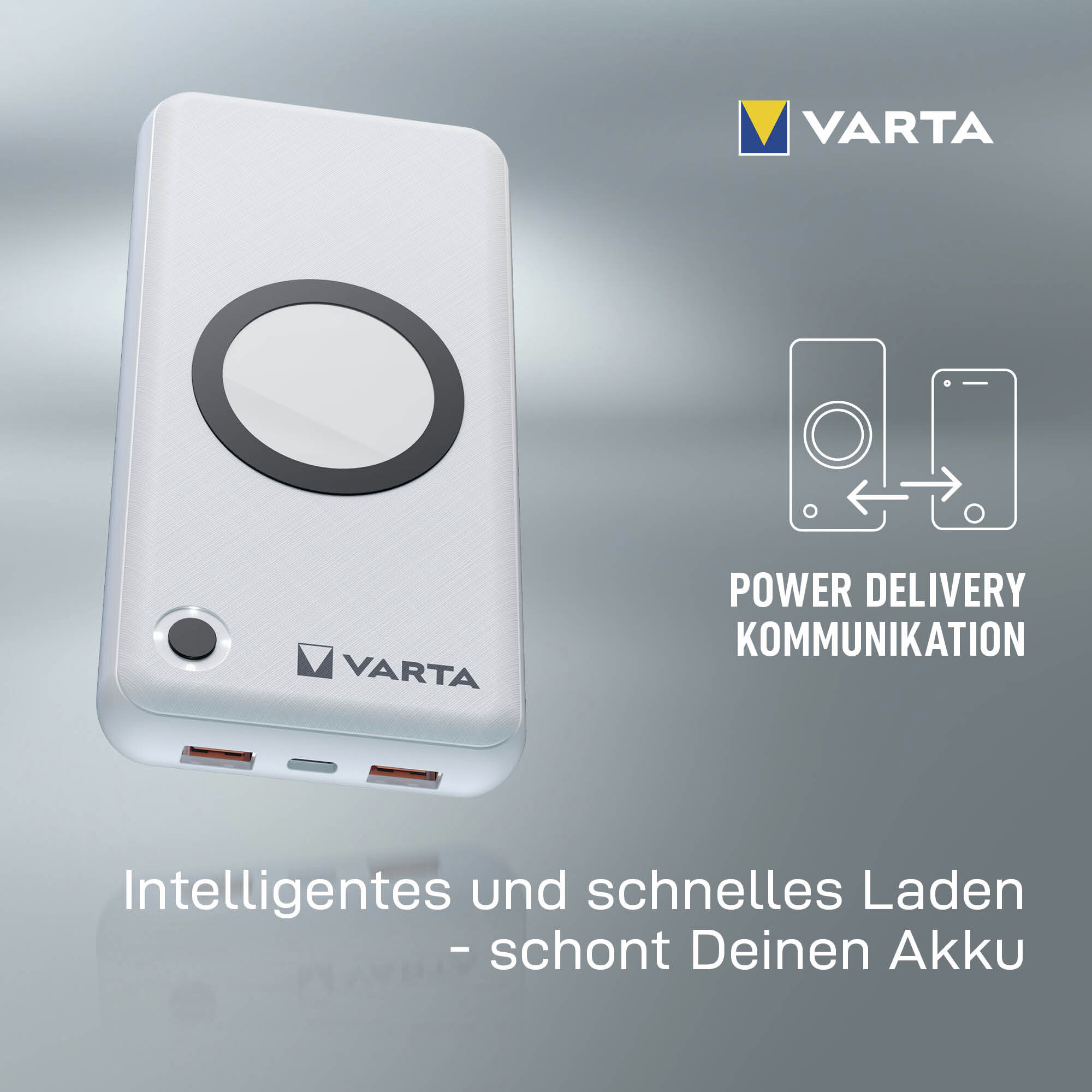 Power bank Varta con pad di ricarica wireless e porte USB.