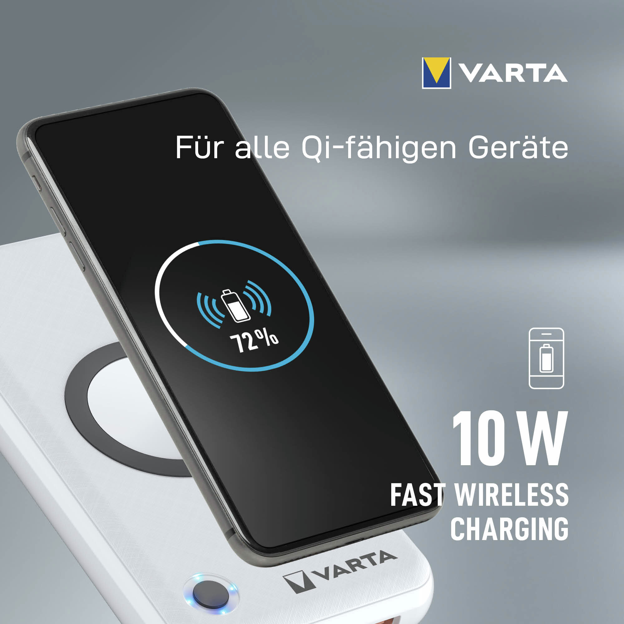 Uno smartphone si carica in modalità wireless al 72%, ricarica rapida Varta 10W.