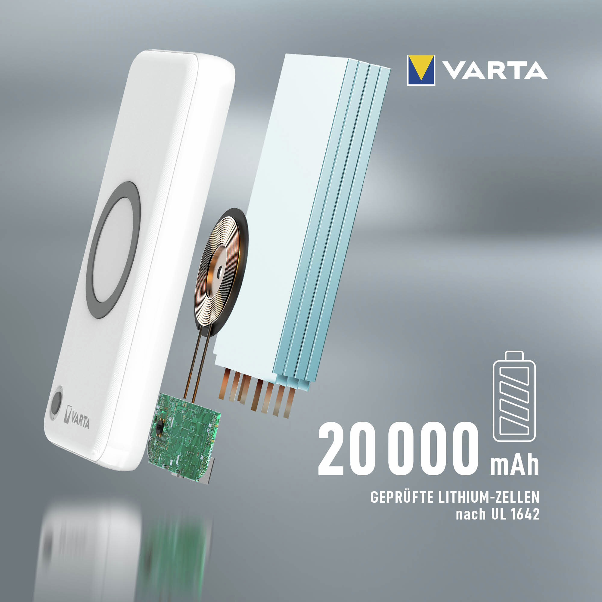 Componenti power bank Varta: scocca bianca, bobina, scheda madre, celle batteria.