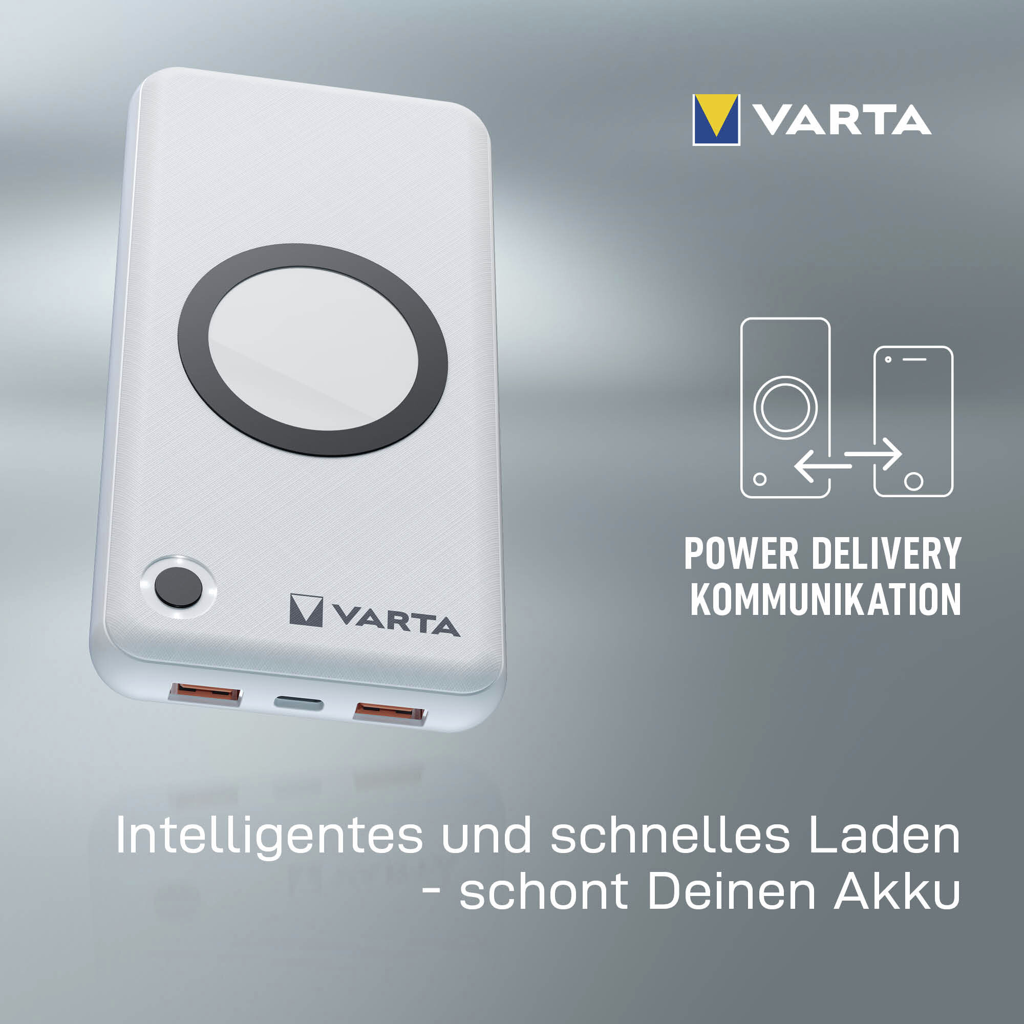 Power bank Varta bianca con ricarica wireless e porte USB.