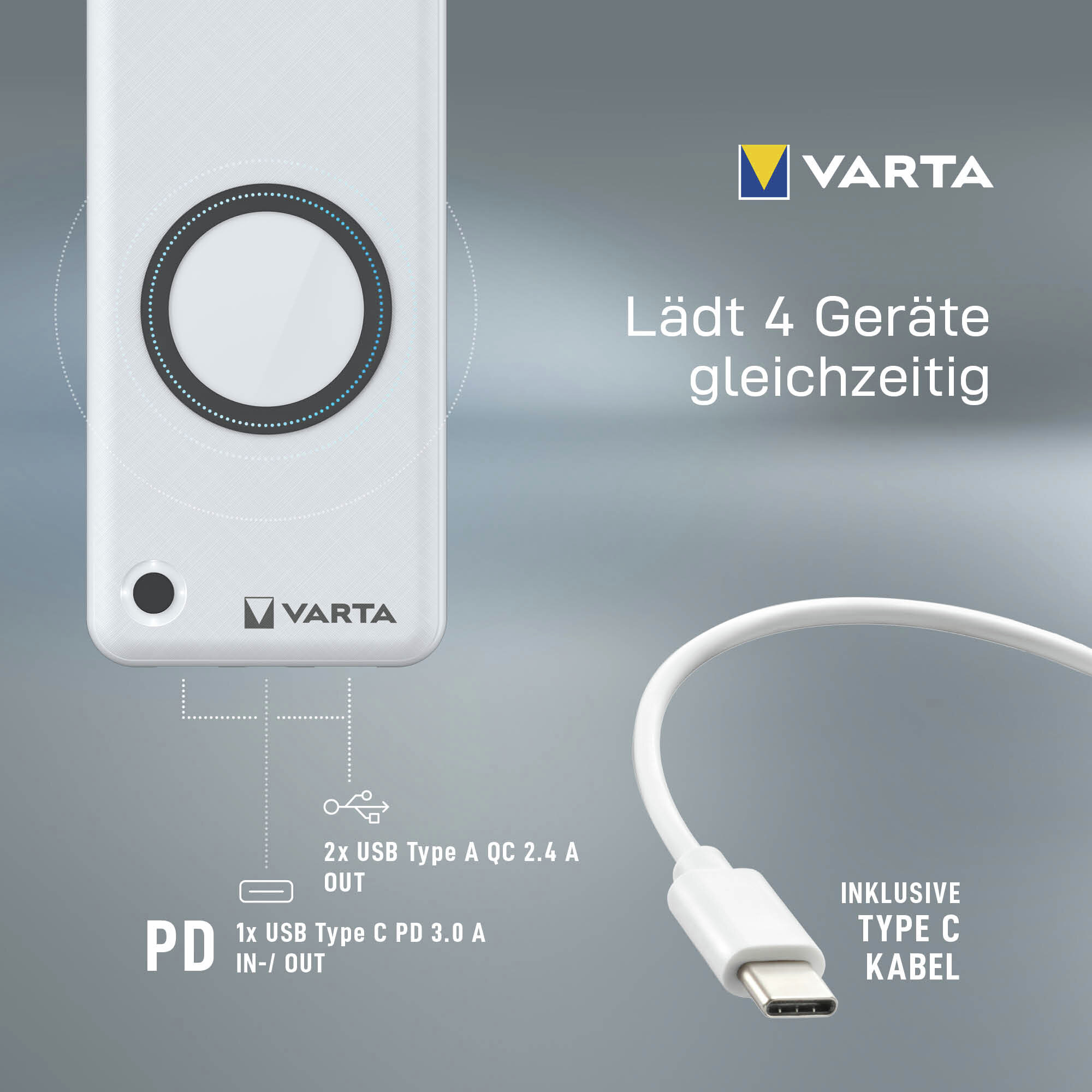 Power bank Varta carica 4 dispositivi contemporaneamente via USB-A e USB-C.
