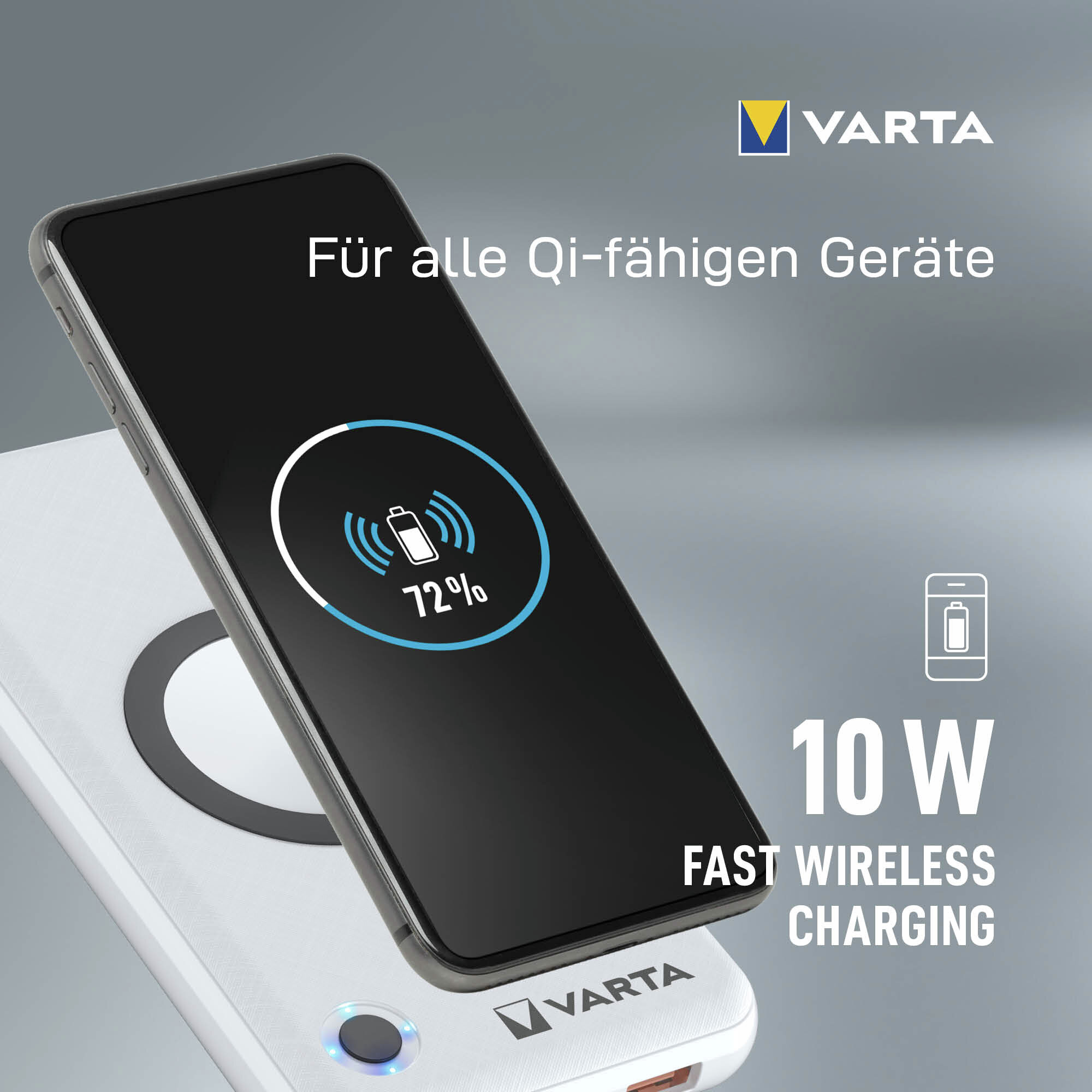 Uno smartphone si sta caricando su un caricatore wireless Varta.