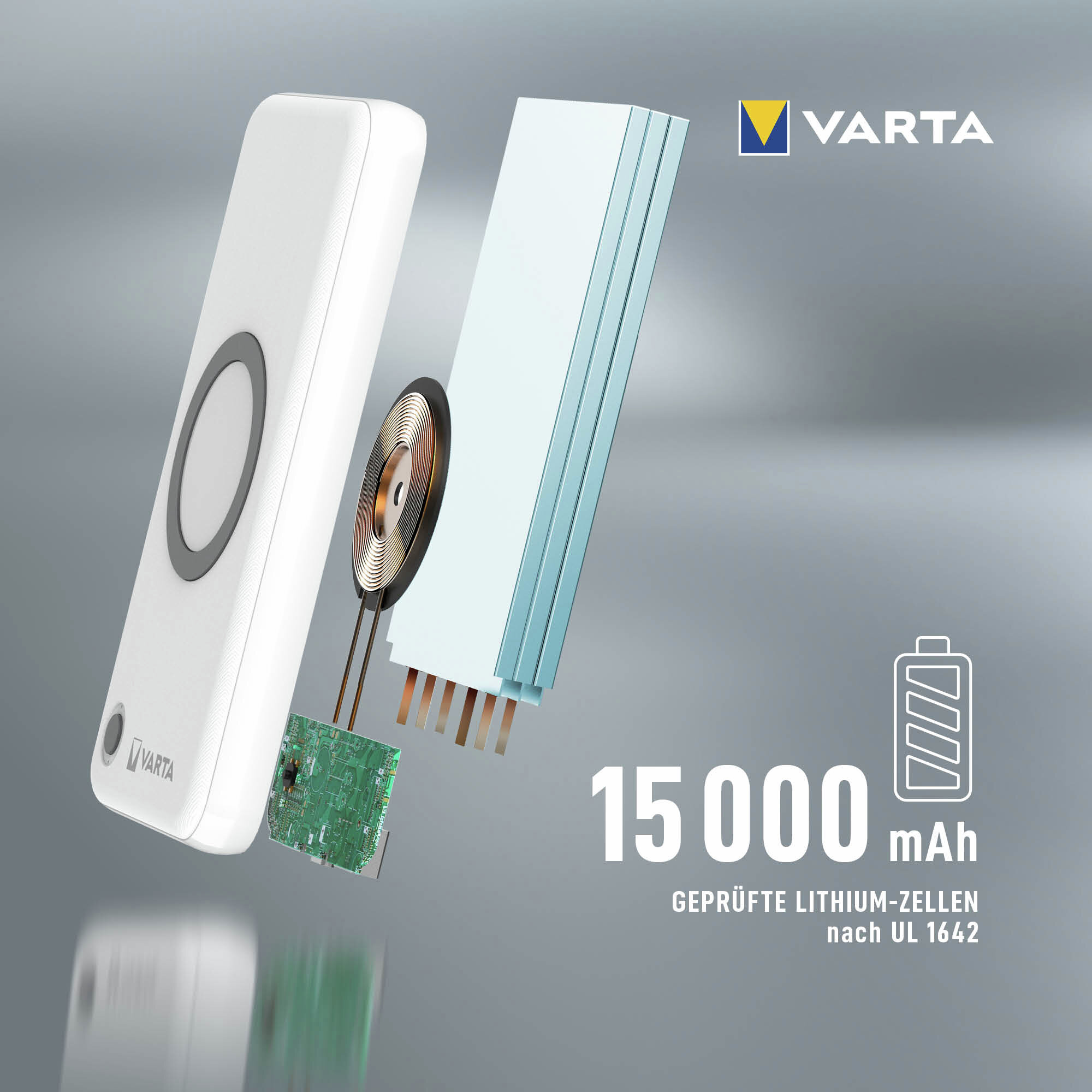 Vista esplosa di un power bank Varta bianco da 15.000 mAh.