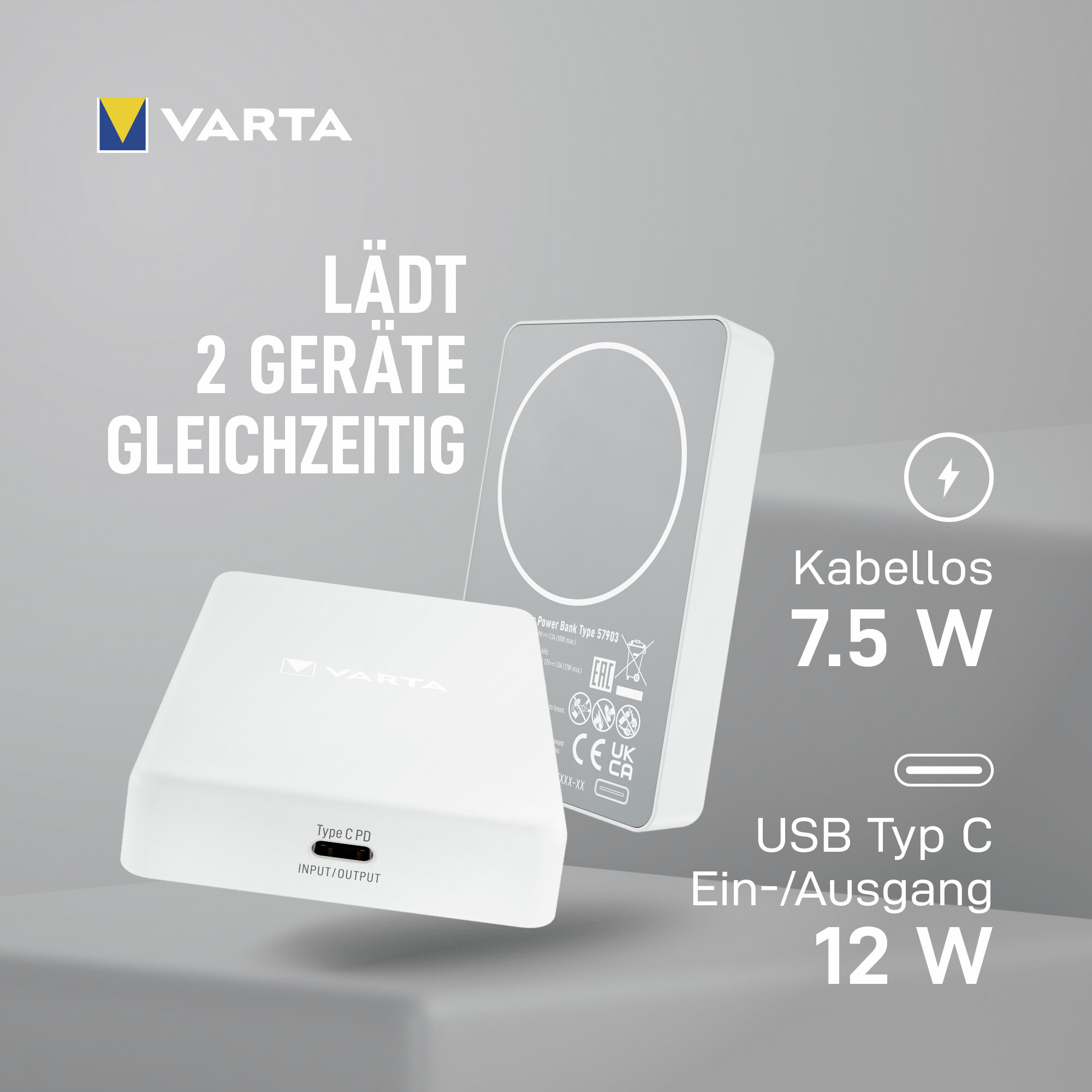 Power bank Varta bianca, carica due dispositivi contemporaneamente, 7.5W wireless, 12W USB-C.