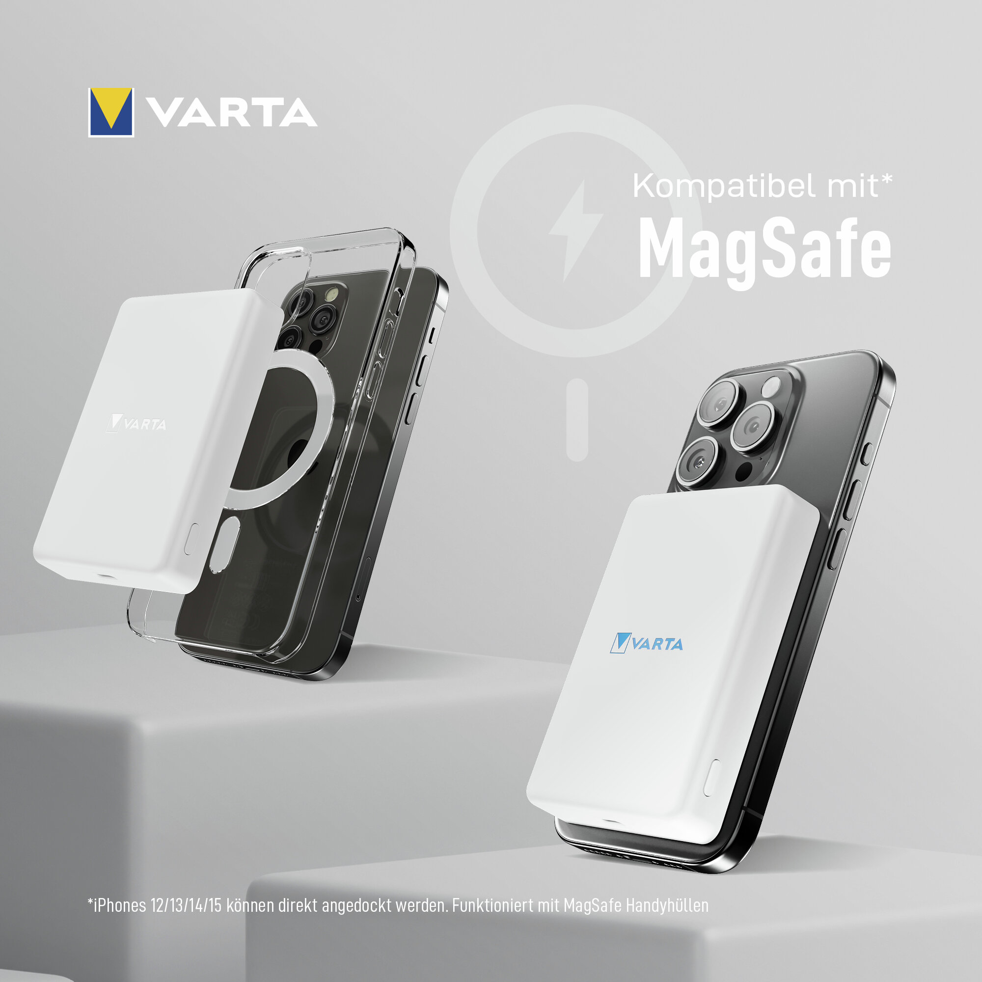 Power bank Varta MagSafe su iPhone con custodia, compatibile MagSafe.