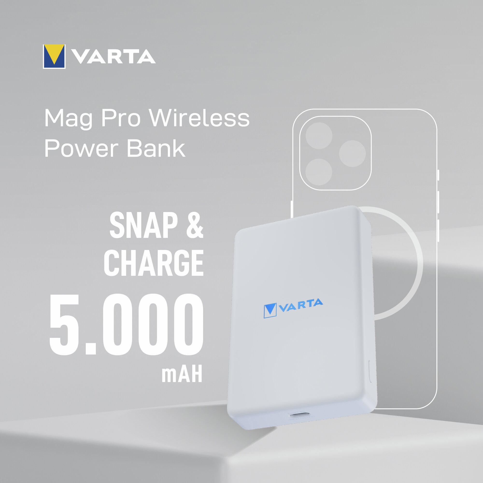 Varta Mag Pro Power Bank wireless, 5000 mAh, con contorno telefono.