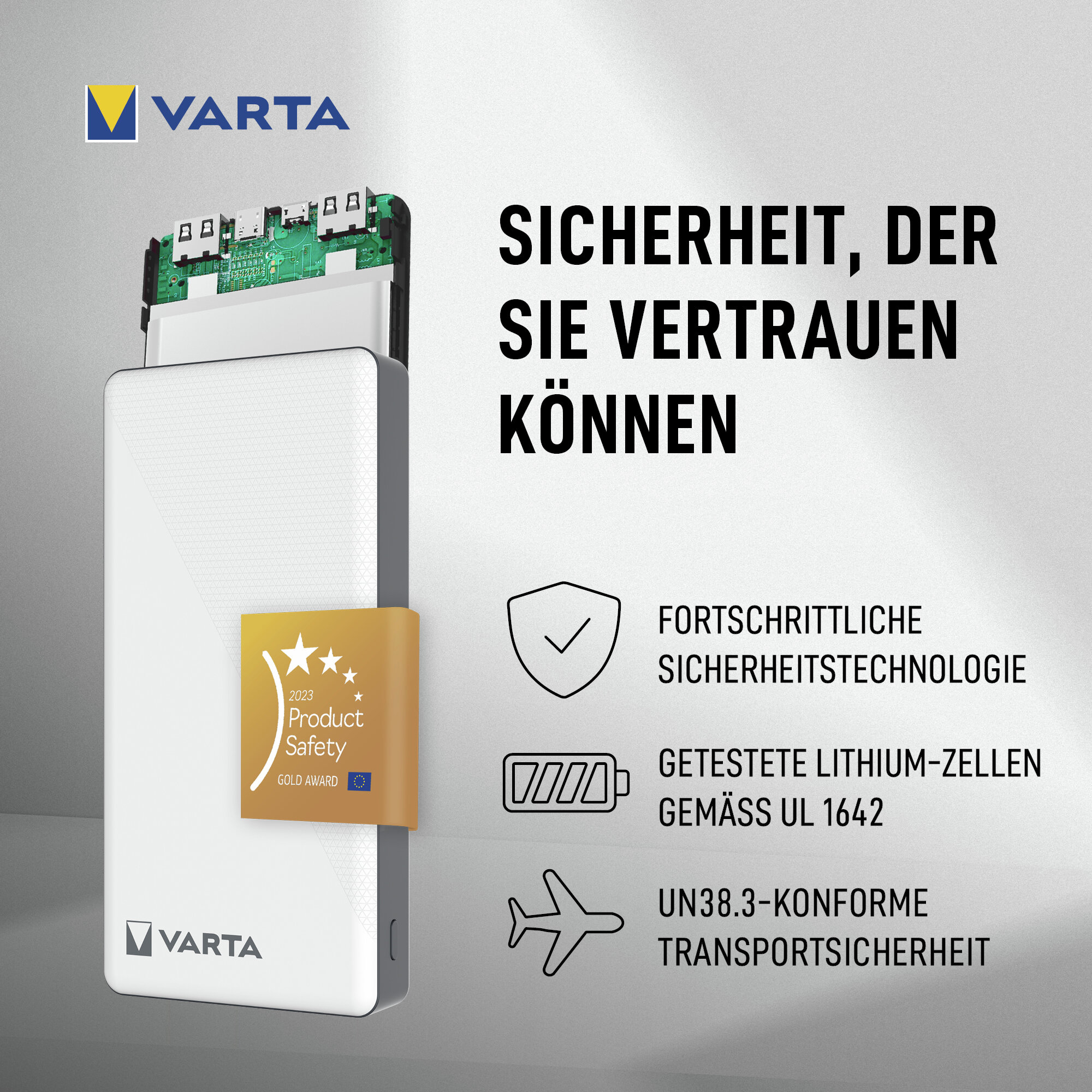 Power bank Varta con sigilli di sicurezza: tecnologia avanzata, celle testate, sicurezza trasporto.