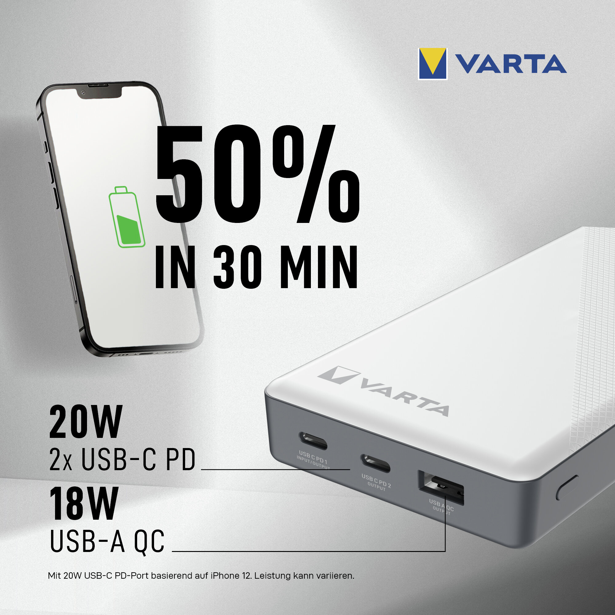 Power bank Varta carica un iPhone al 50% in 30 min. 20W USB-C PD.