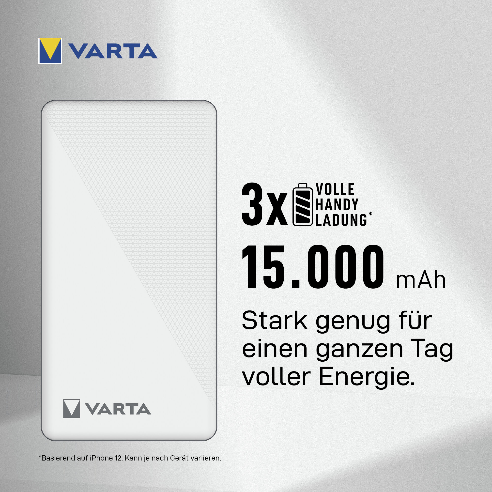 Power bank Varta 15.000 mAh, 3 ricariche complete, energia per un giorno intero.